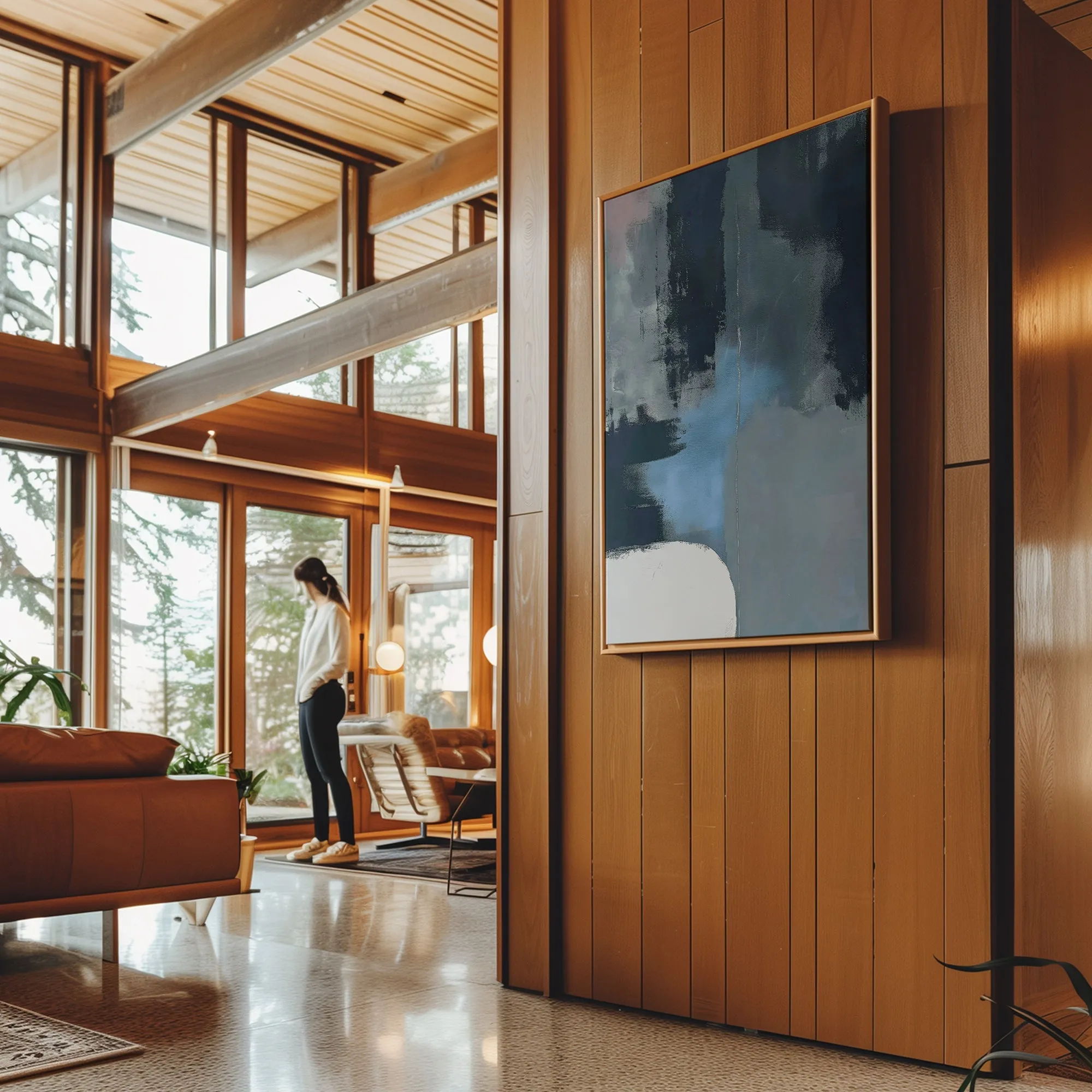 Canvas Wall Art Stretched Over Wooden Frame with Floating Frame and Blue Light Abstract Painting CV4127