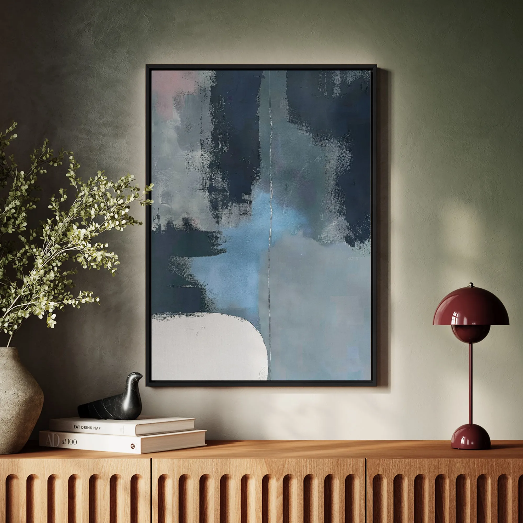Canvas Wall Art Stretched Over Wooden Frame with Floating Frame and Blue Light Abstract Painting CV4127