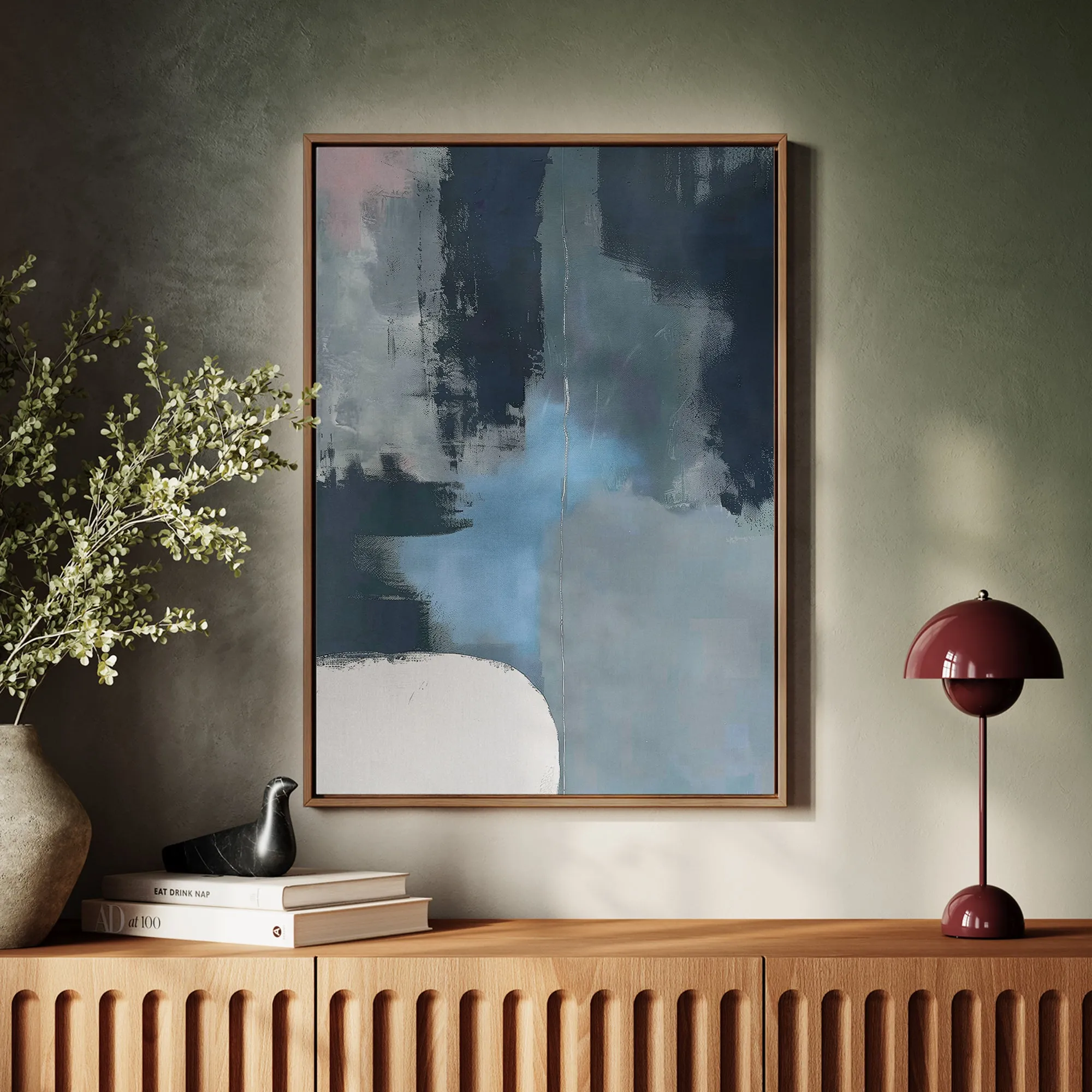 Canvas Wall Art Stretched Over Wooden Frame with Floating Frame and Blue Light Abstract Painting CV4127