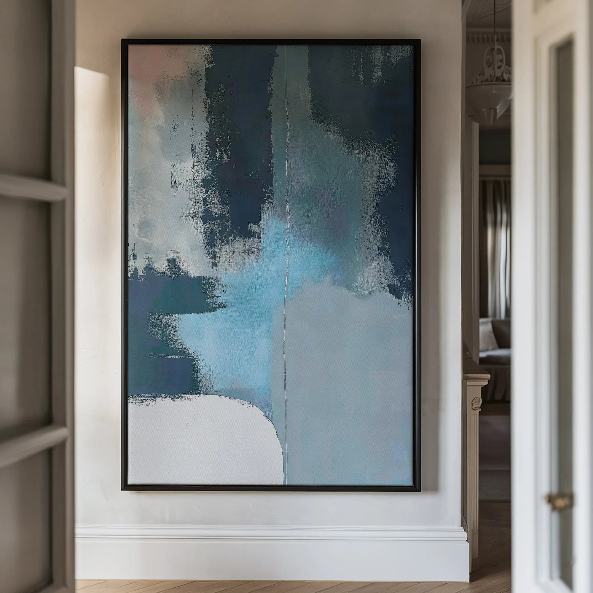 Canvas Wall Art Stretched Over Wooden Frame with Floating Frame and Blue Light Abstract Painting CV4127