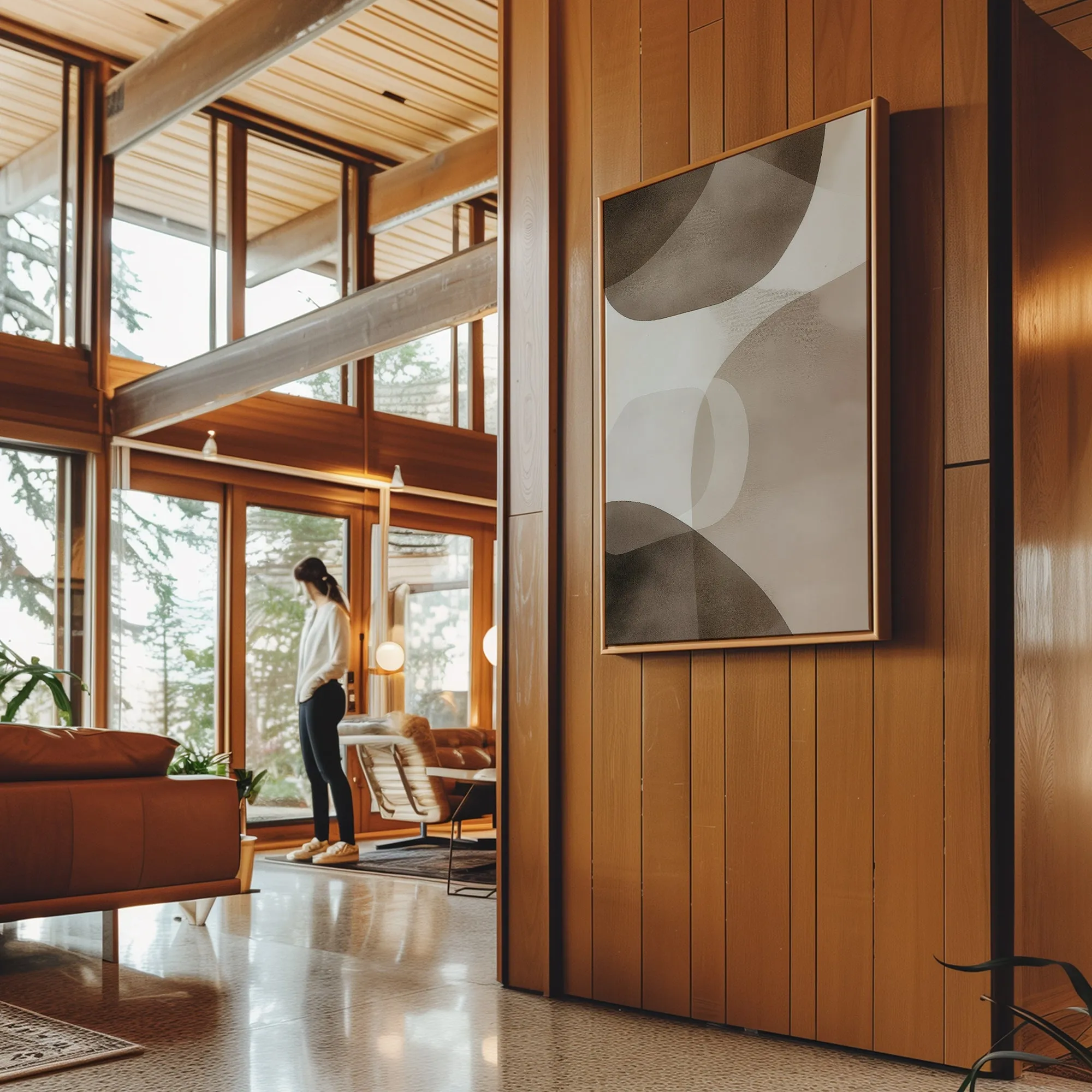 Canvas Wall Art Stretched Over Wooden Frame with Floating Frame and Brown Squares Abstract Painting CV4135