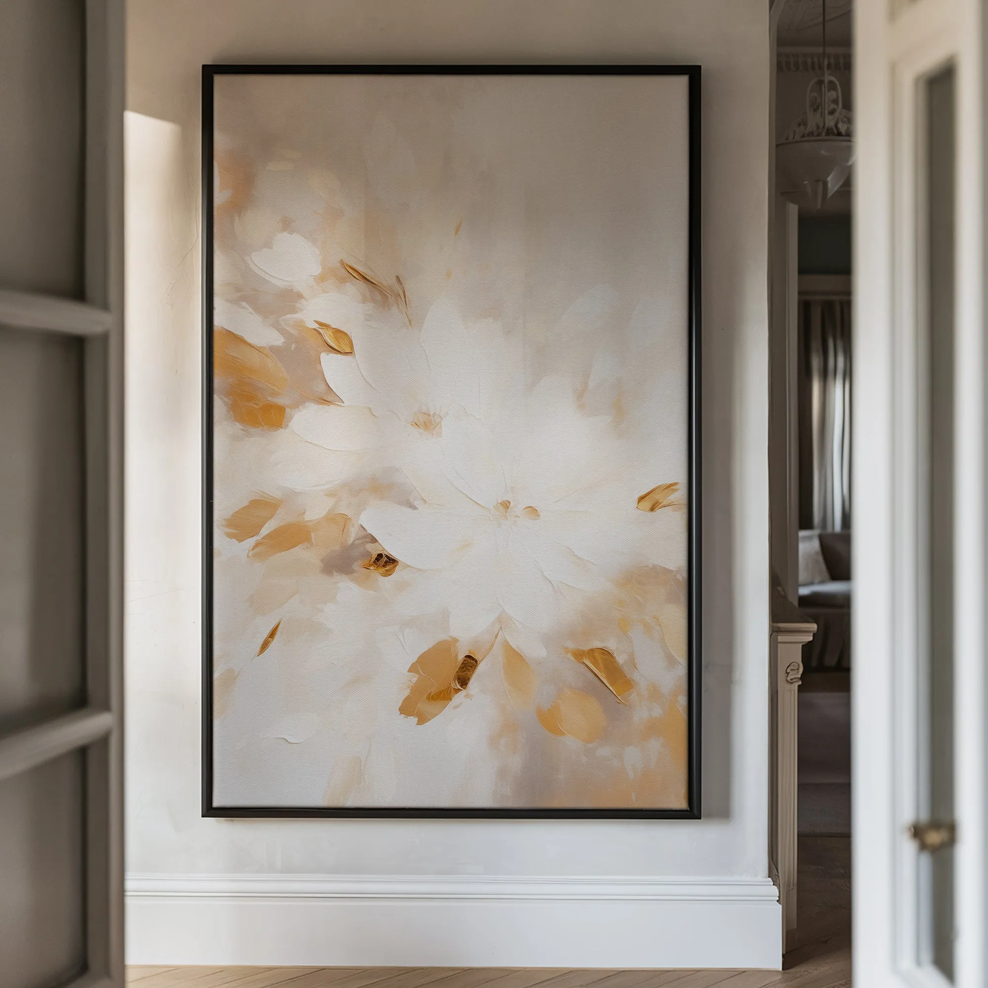 Canvas Wall Art Stretched Over Wooden Frame with Floating Frame and Flowers Painting CV4158
