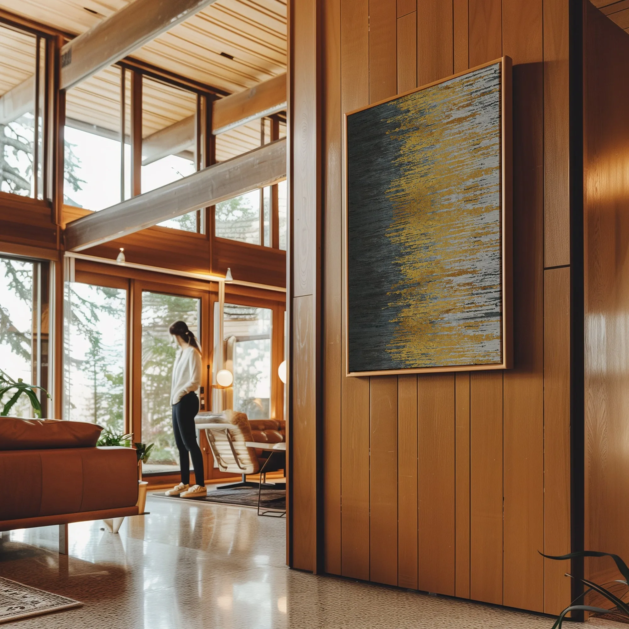 Canvas Wall Art Stretched Over Wooden Frame with Floating Frame and Golden Forest Abstract Painting CV4171