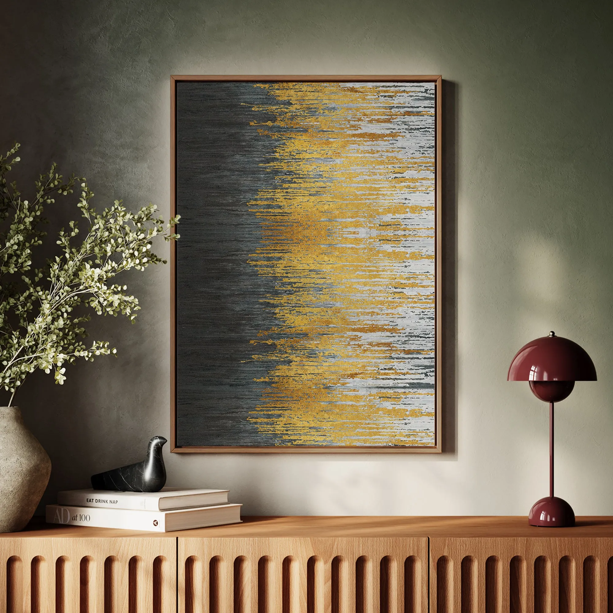 Canvas Wall Art Stretched Over Wooden Frame with Floating Frame and Golden Forest Abstract Painting CV4171