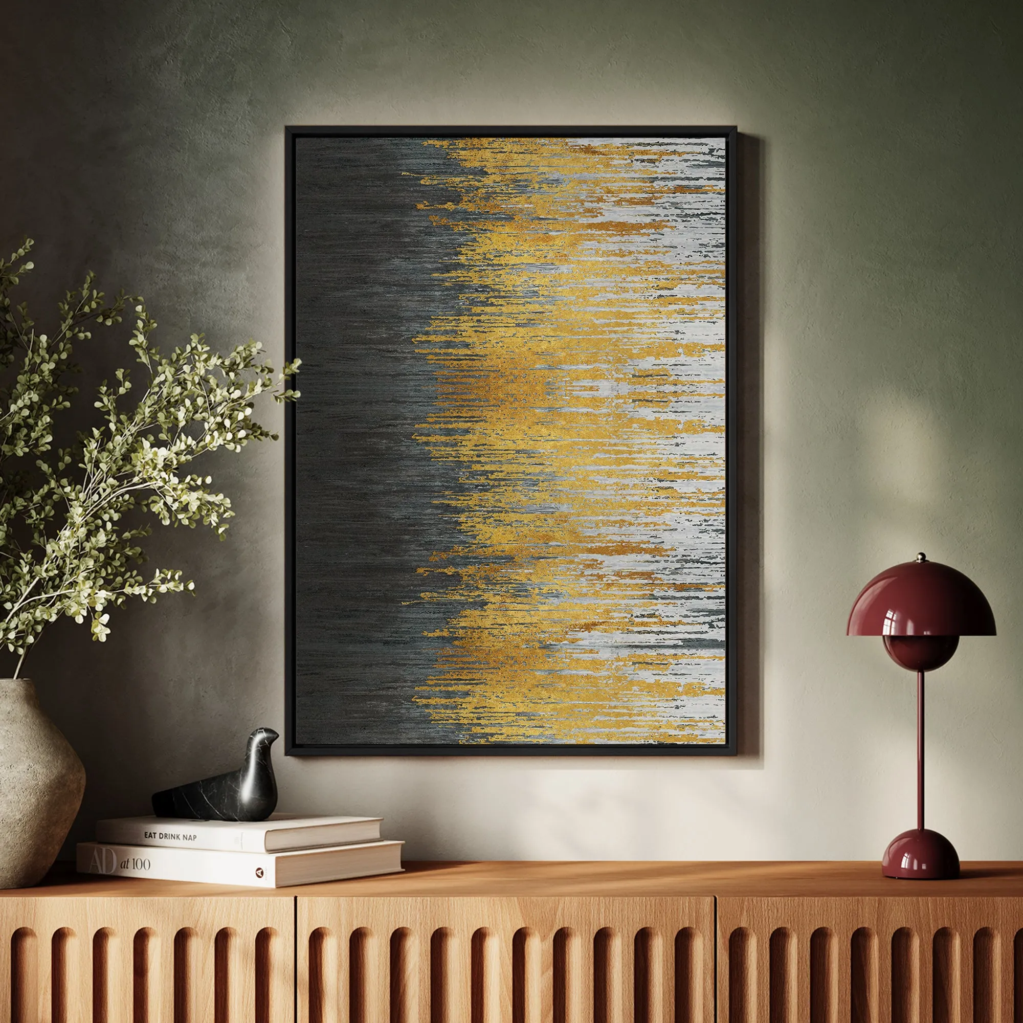 Canvas Wall Art Stretched Over Wooden Frame with Floating Frame and Golden Forest Abstract Painting CV4171