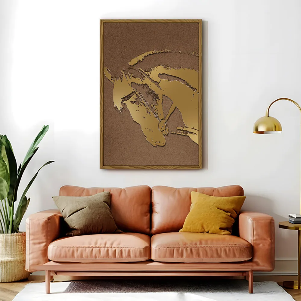Canvas Wall Art Stretched Over Wooden Frame with Floating Frame and Golden Horse Abstract Painting CV4175