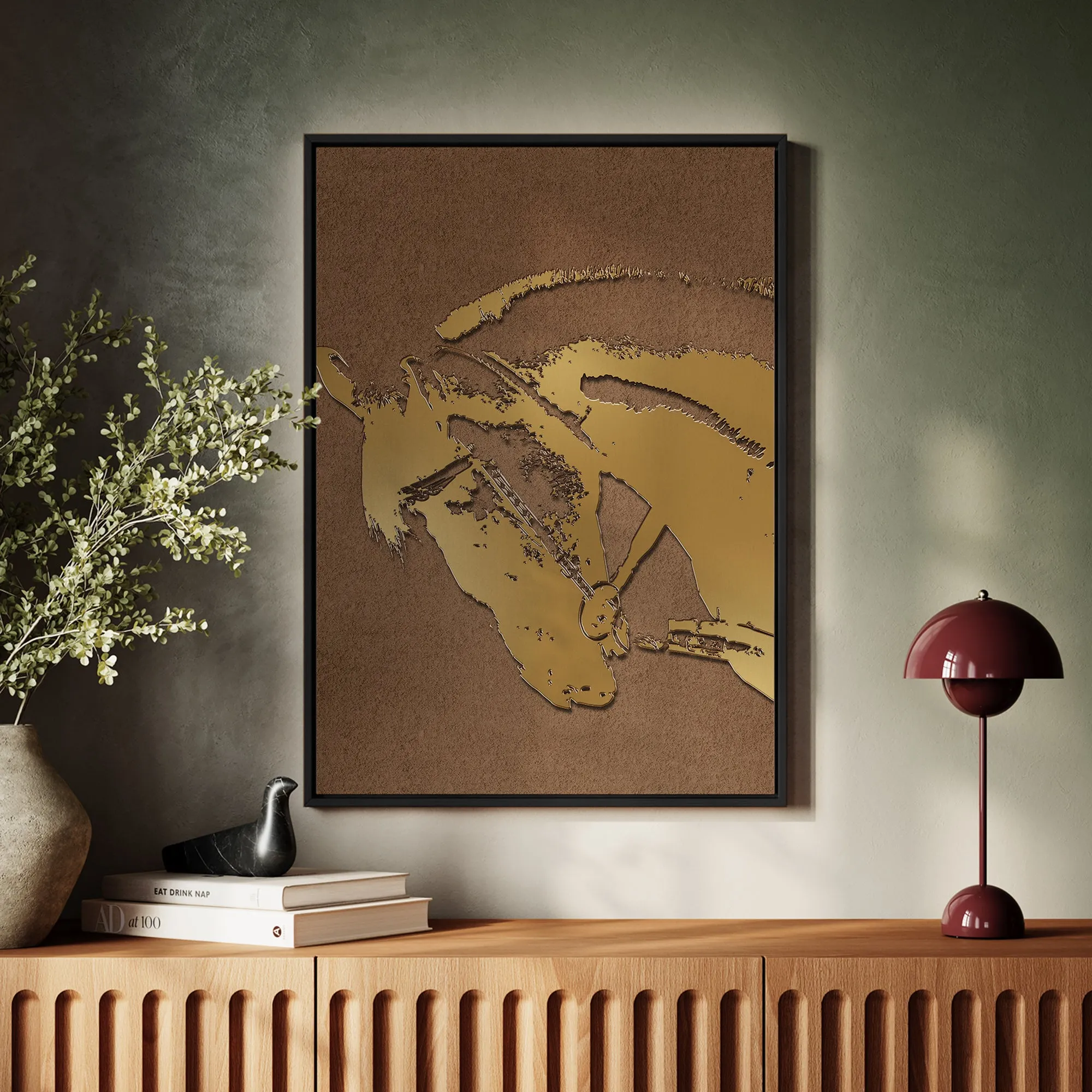 Canvas Wall Art Stretched Over Wooden Frame with Floating Frame and Golden Horse Abstract Painting CV4175