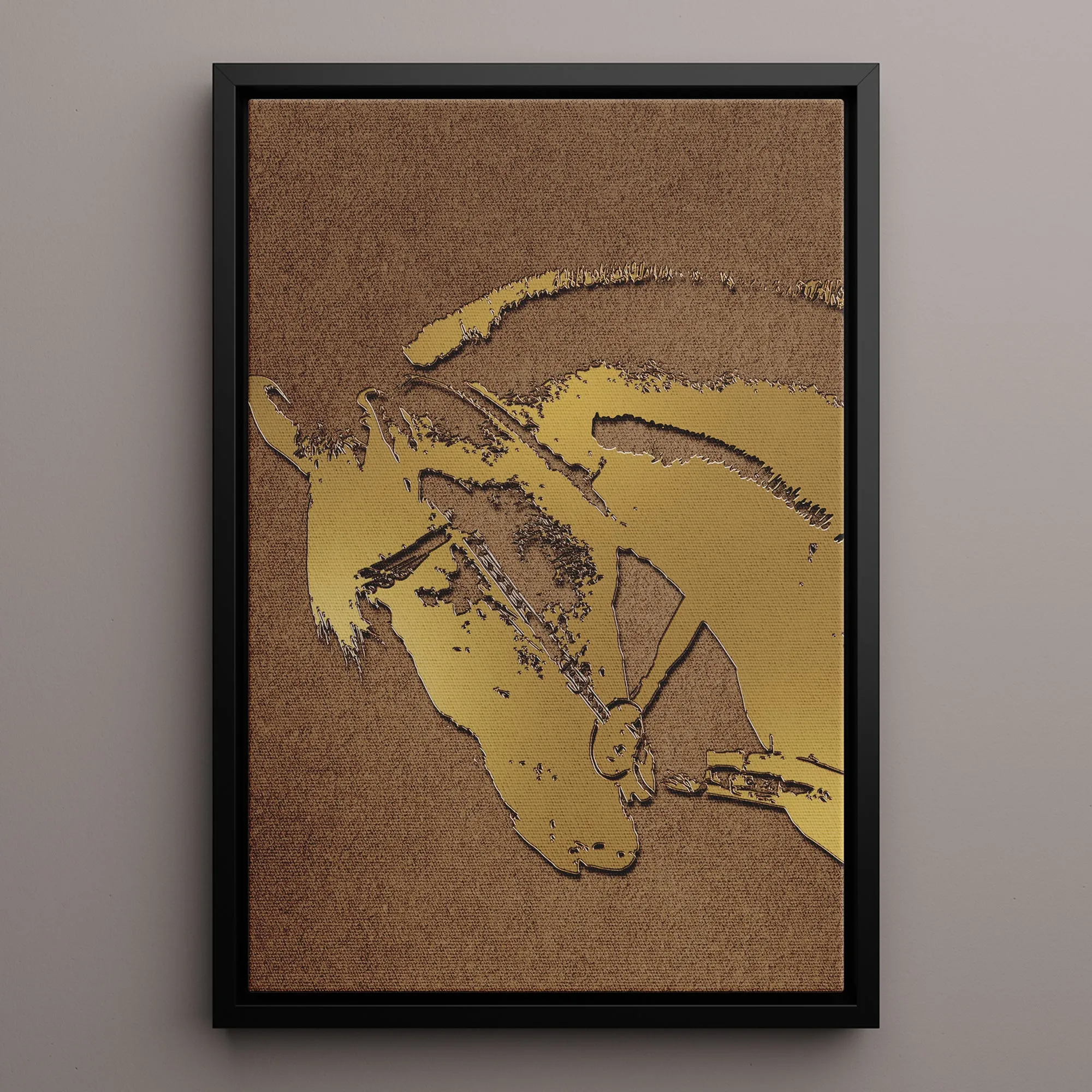 Canvas Wall Art Stretched Over Wooden Frame with Floating Frame and Golden Horse Abstract Painting CV4175