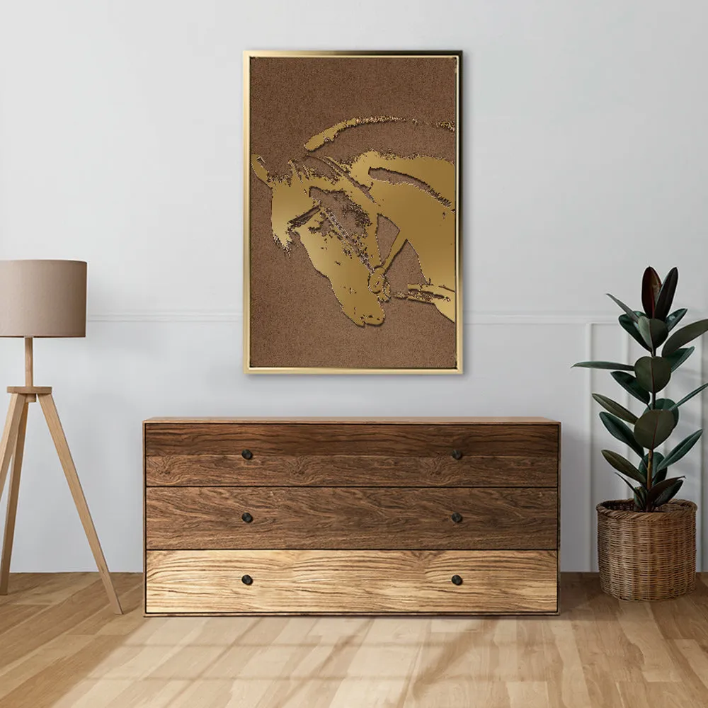 Canvas Wall Art Stretched Over Wooden Frame with Floating Frame and Golden Horse Abstract Painting CV4175