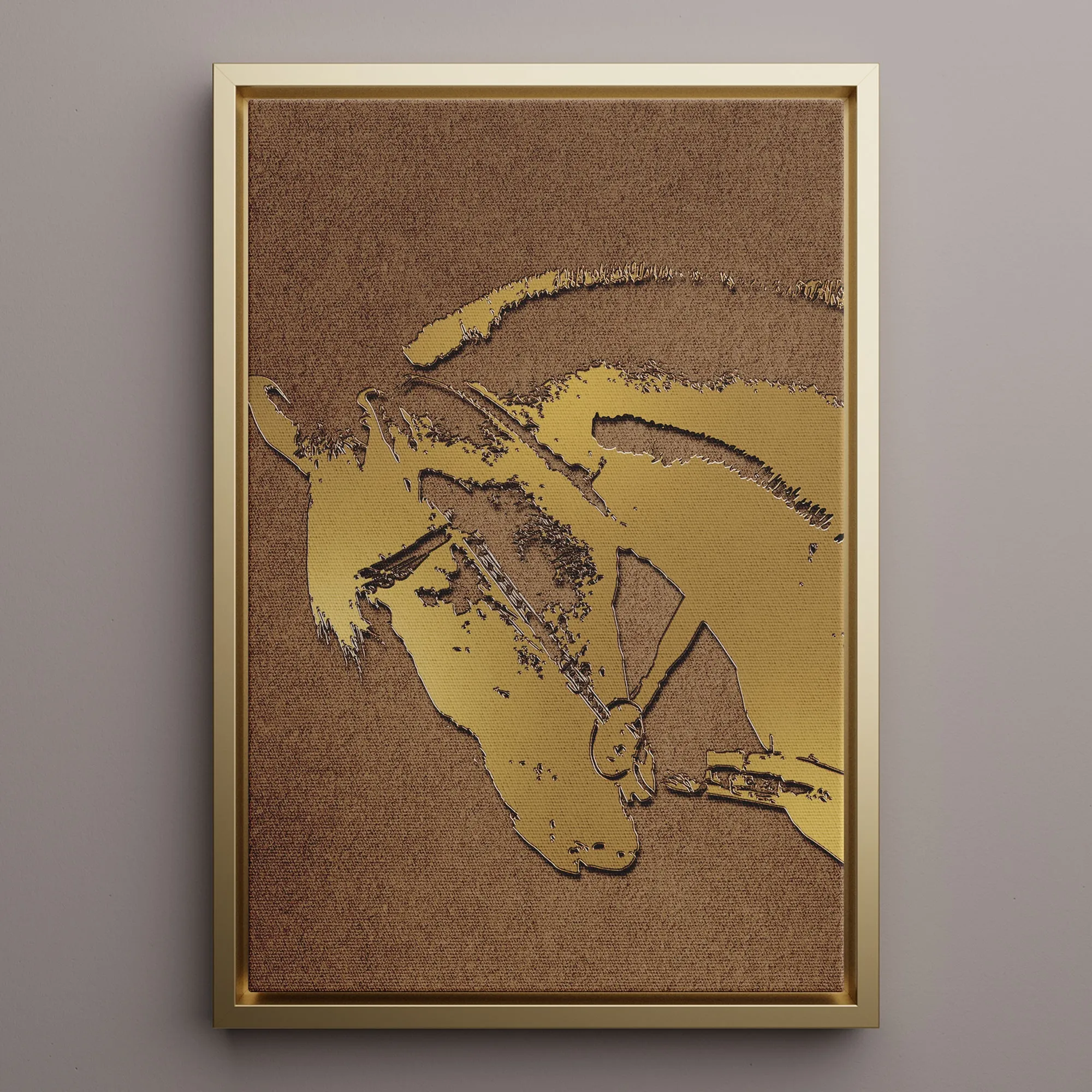Canvas Wall Art Stretched Over Wooden Frame with Floating Frame and Golden Horse Abstract Painting CV4175