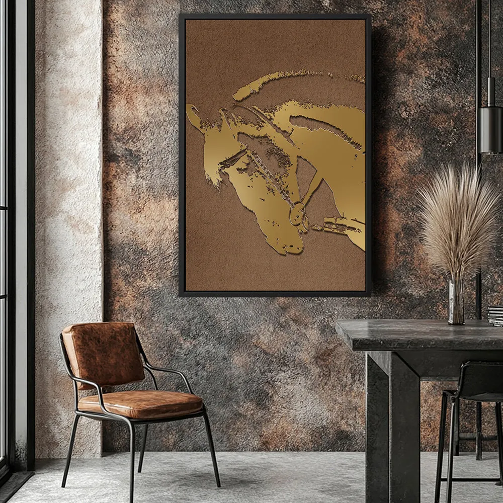 Canvas Wall Art Stretched Over Wooden Frame with Floating Frame and Golden Horse Abstract Painting CV4175