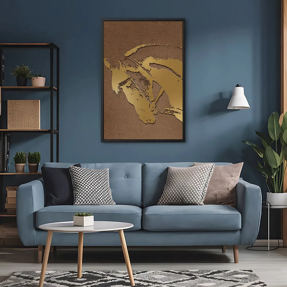 Canvas Wall Art Stretched Over Wooden Frame with Floating Frame and Golden Horse Abstract Painting CV4175