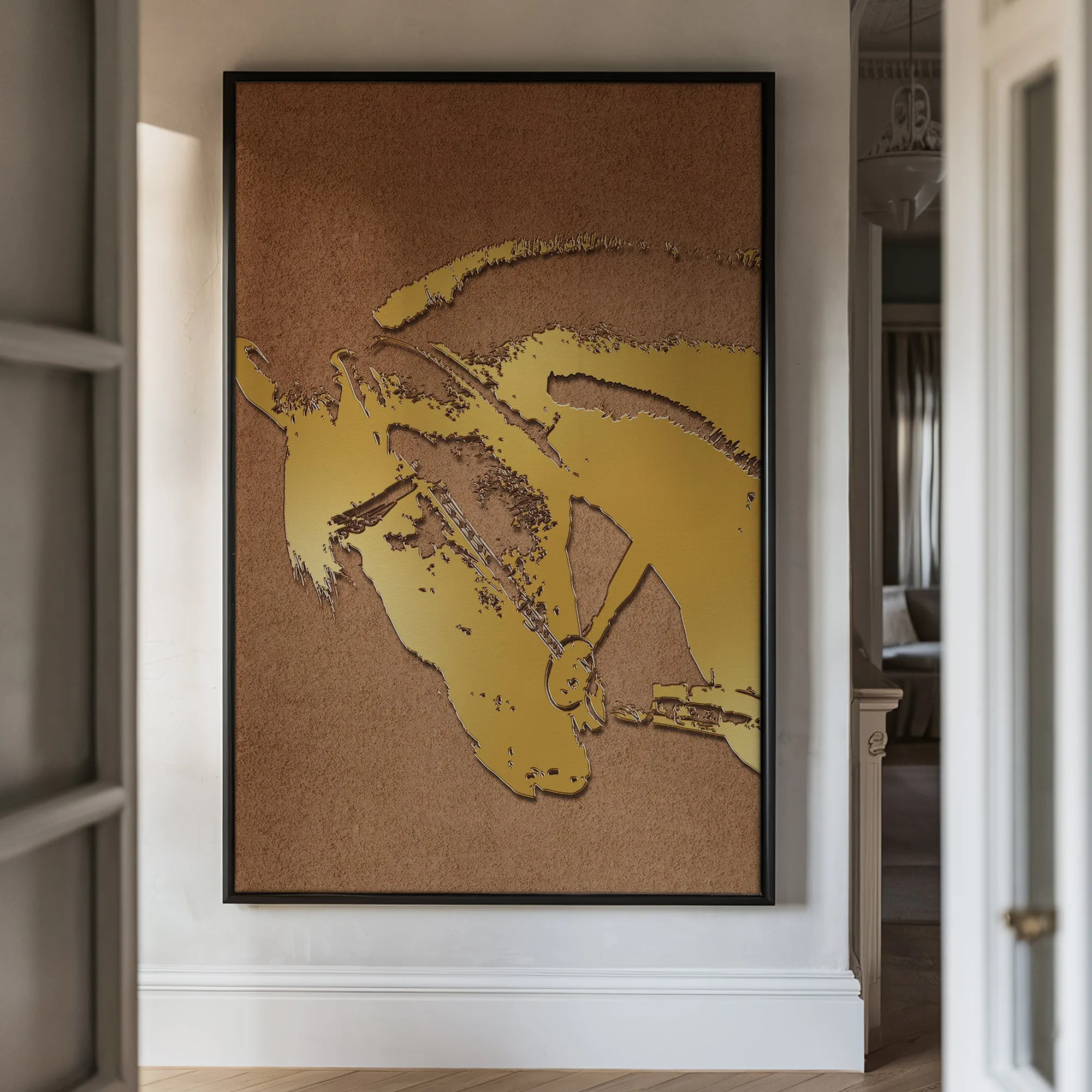 Canvas Wall Art Stretched Over Wooden Frame with Floating Frame and Golden Horse Abstract Painting CV4175