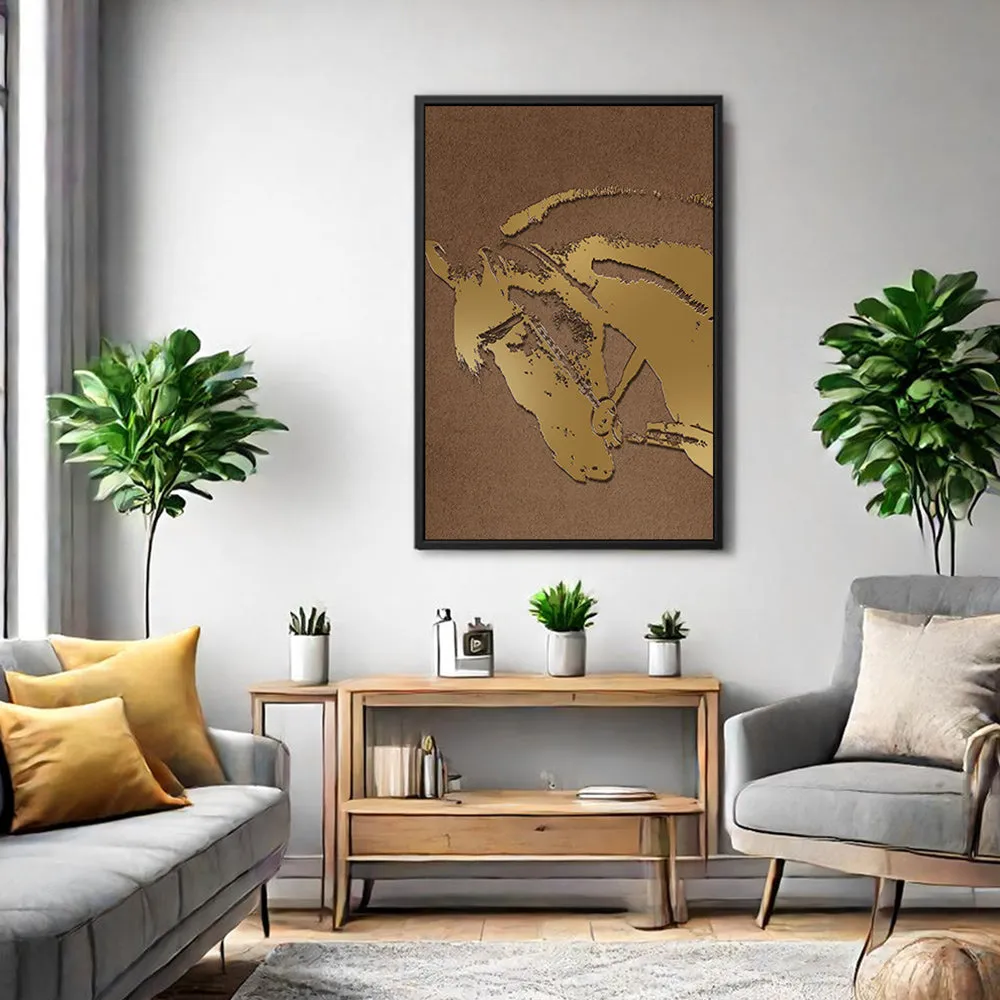 Canvas Wall Art Stretched Over Wooden Frame with Floating Frame and Golden Horse Abstract Painting CV4175