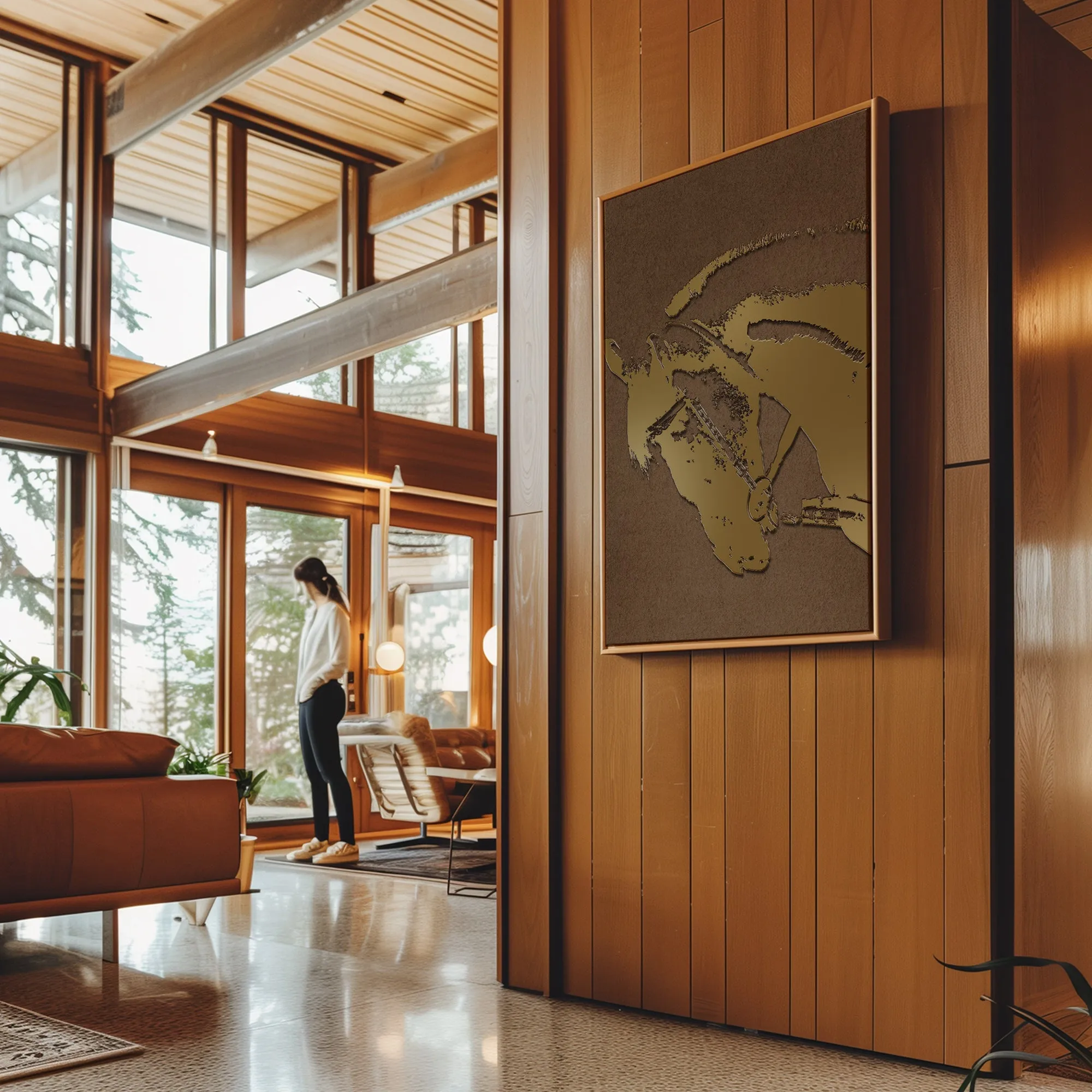 Canvas Wall Art Stretched Over Wooden Frame with Floating Frame and Golden Horse Abstract Painting CV4175