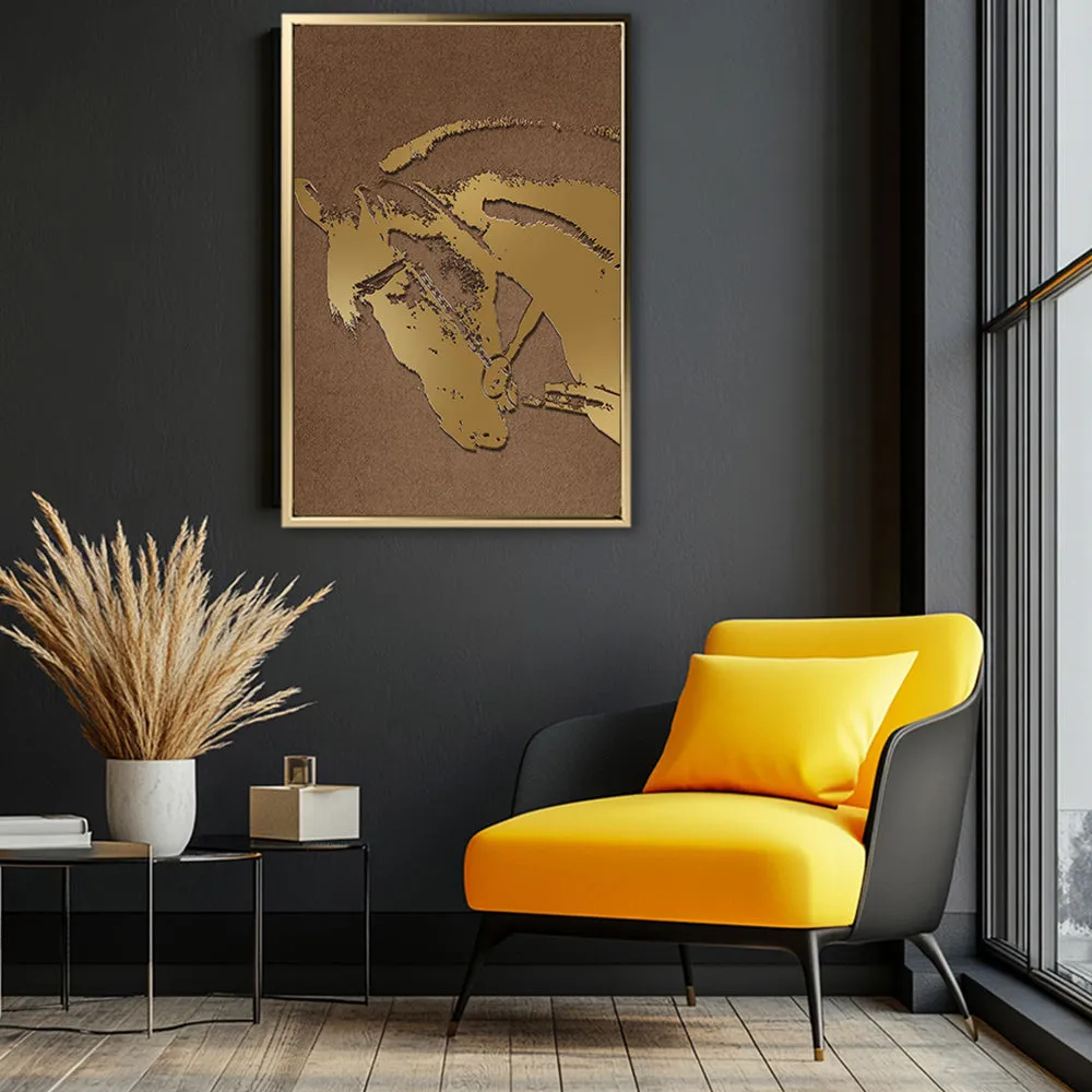 Canvas Wall Art Stretched Over Wooden Frame with Floating Frame and Golden Horse Abstract Painting CV4175