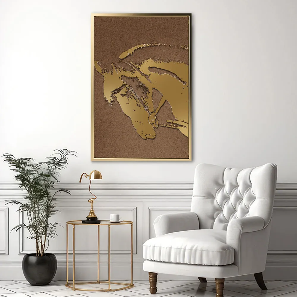 Canvas Wall Art Stretched Over Wooden Frame with Floating Frame and Golden Horse Abstract Painting CV4175