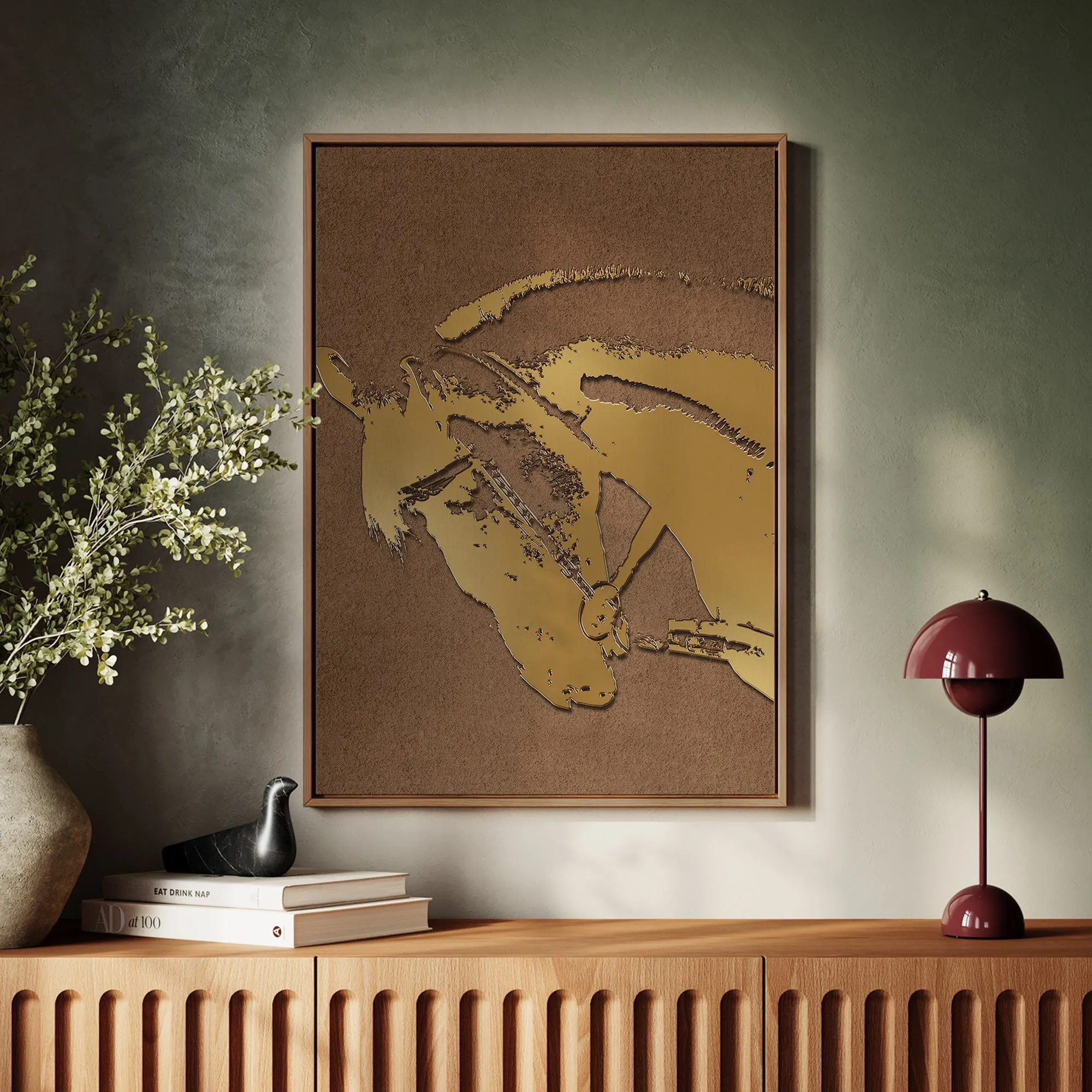 Canvas Wall Art Stretched Over Wooden Frame with Floating Frame and Golden Horse Abstract Painting CV4175