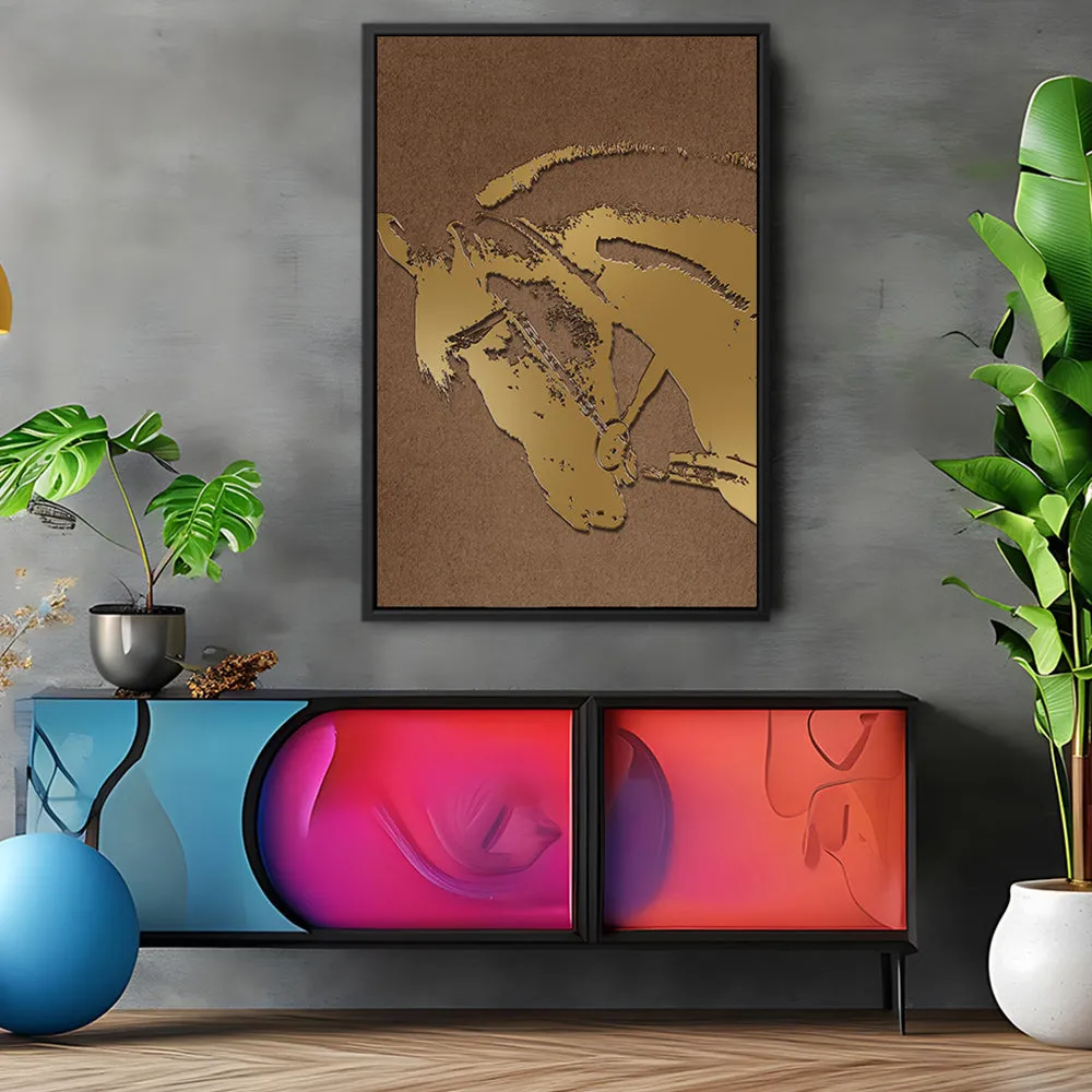 Canvas Wall Art Stretched Over Wooden Frame with Floating Frame and Golden Horse Abstract Painting CV4175