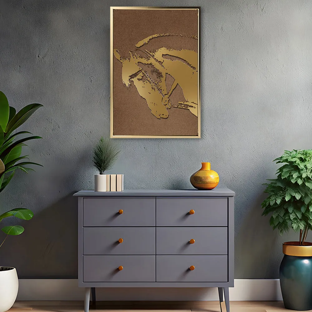 Canvas Wall Art Stretched Over Wooden Frame with Floating Frame and Golden Horse Abstract Painting CV4175