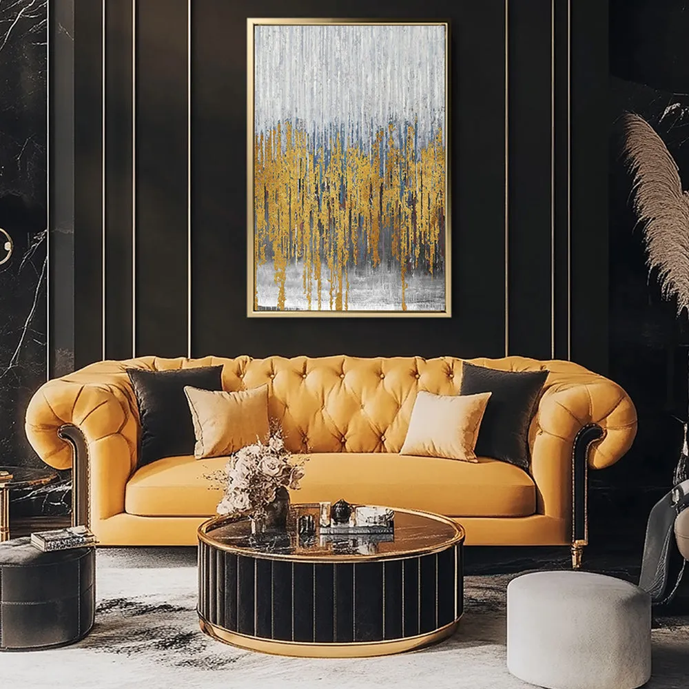 Canvas Wall Art Stretched Over Wooden Frame with Floating Frame and Golden Lines Abstract Painting CV4177