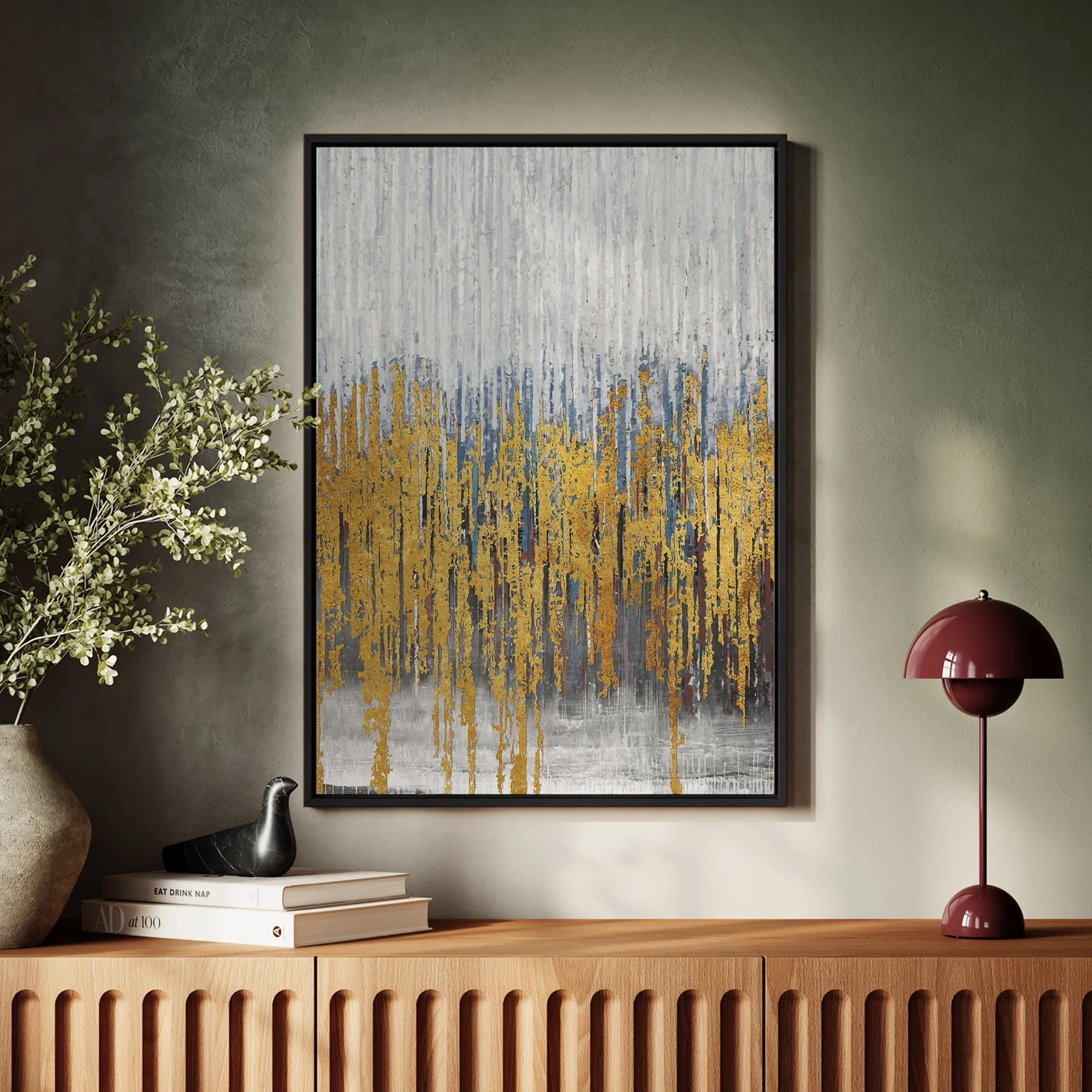 Canvas Wall Art Stretched Over Wooden Frame with Floating Frame and Golden Lines Abstract Painting CV4177