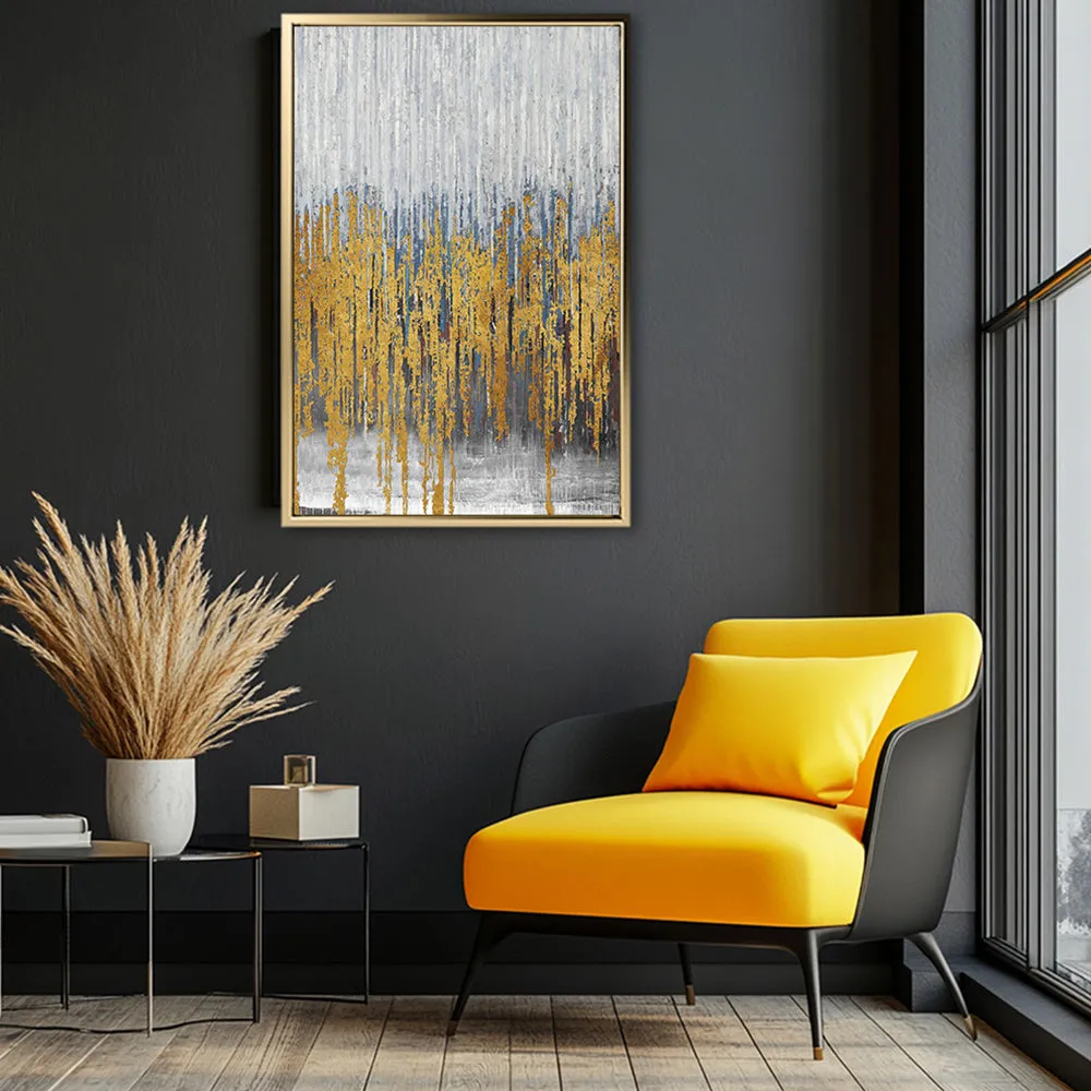 Canvas Wall Art Stretched Over Wooden Frame with Floating Frame and Golden Lines Abstract Painting CV4177