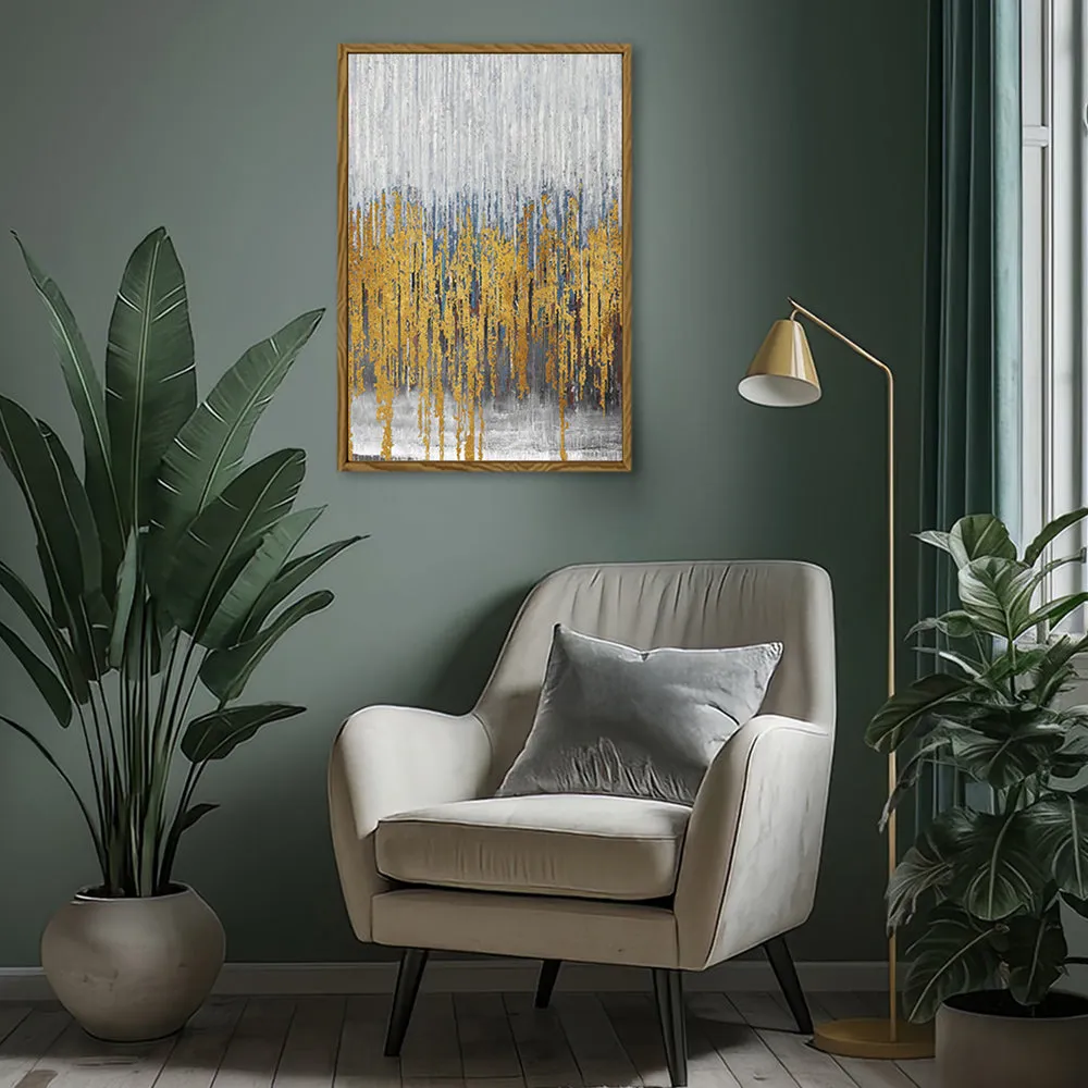 Canvas Wall Art Stretched Over Wooden Frame with Floating Frame and Golden Lines Abstract Painting CV4177