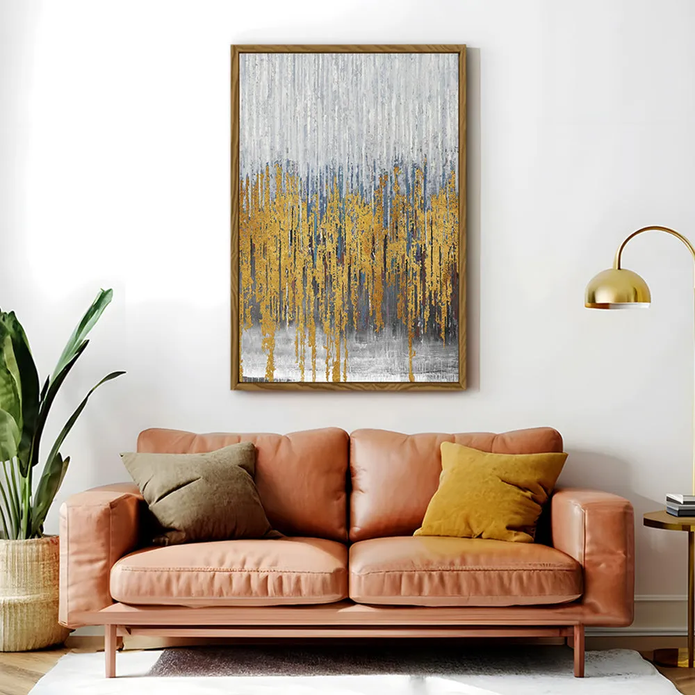 Canvas Wall Art Stretched Over Wooden Frame with Floating Frame and Golden Lines Abstract Painting CV4177