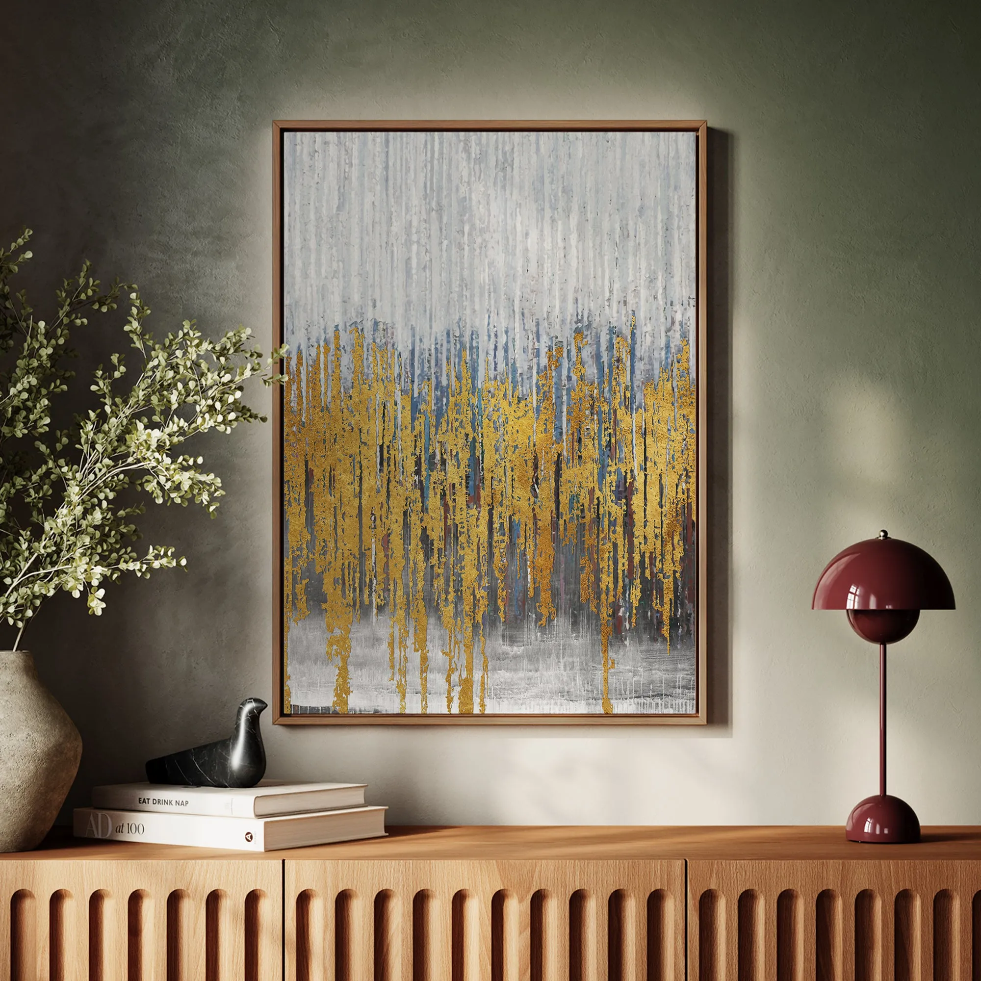 Canvas Wall Art Stretched Over Wooden Frame with Floating Frame and Golden Lines Abstract Painting CV4177