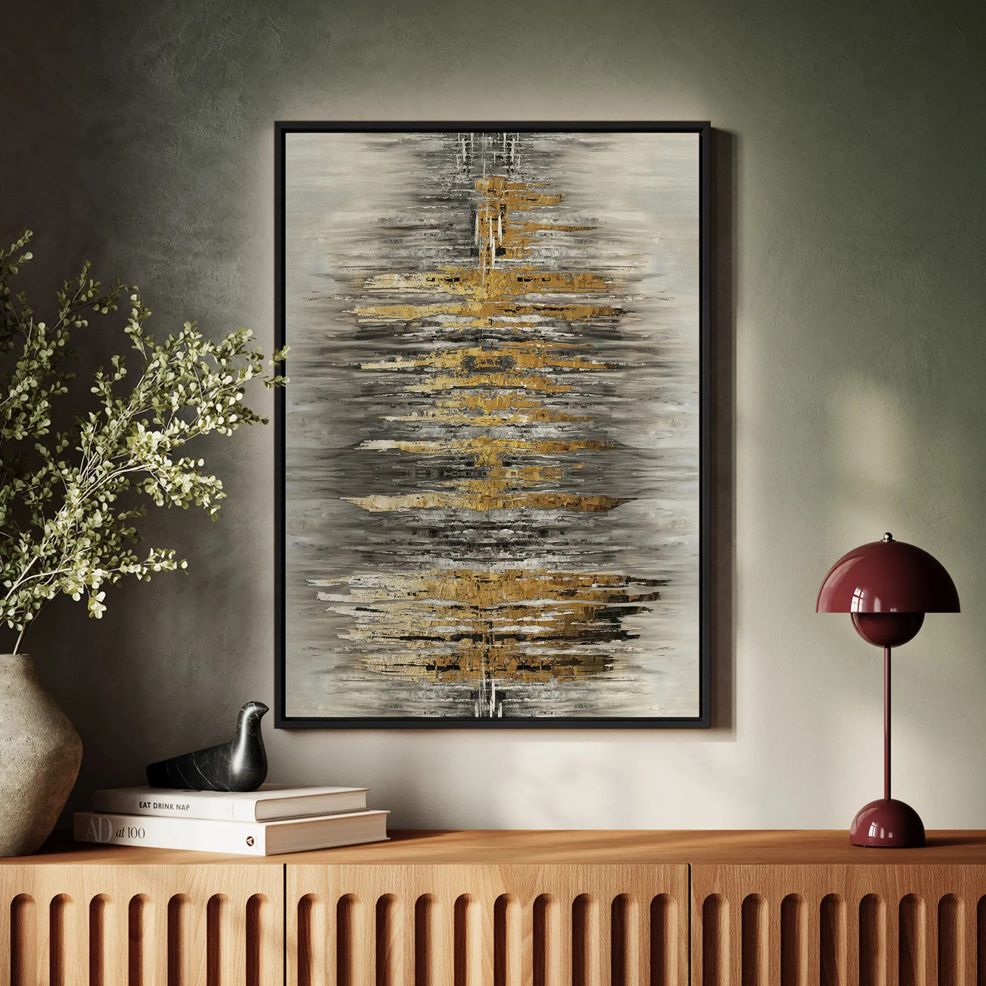 Canvas Wall Art Stretched Over Wooden Frame with Floating Frame and Golden Rays Abstract Painting CV4179