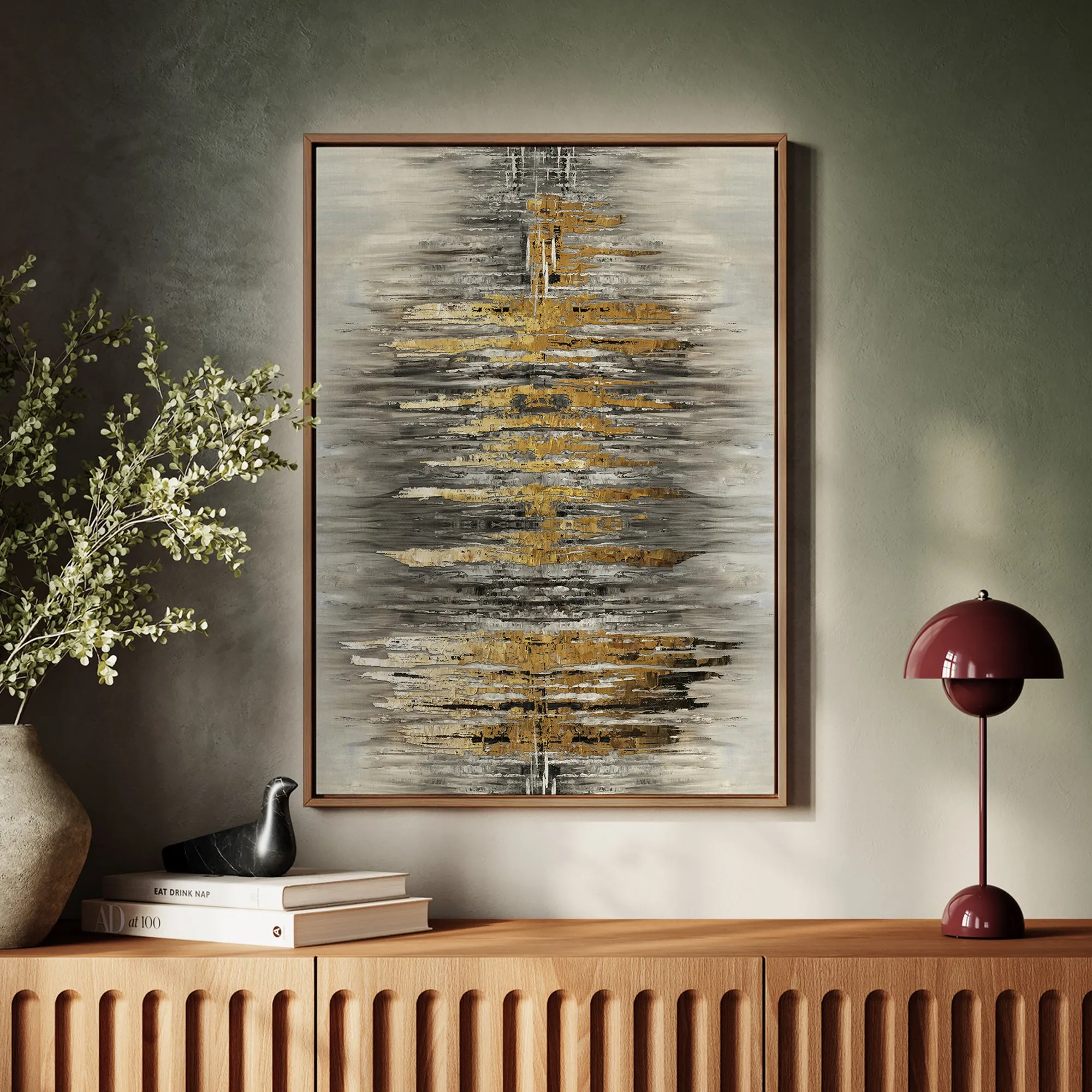 Canvas Wall Art Stretched Over Wooden Frame with Floating Frame and Golden Rays Abstract Painting CV4179