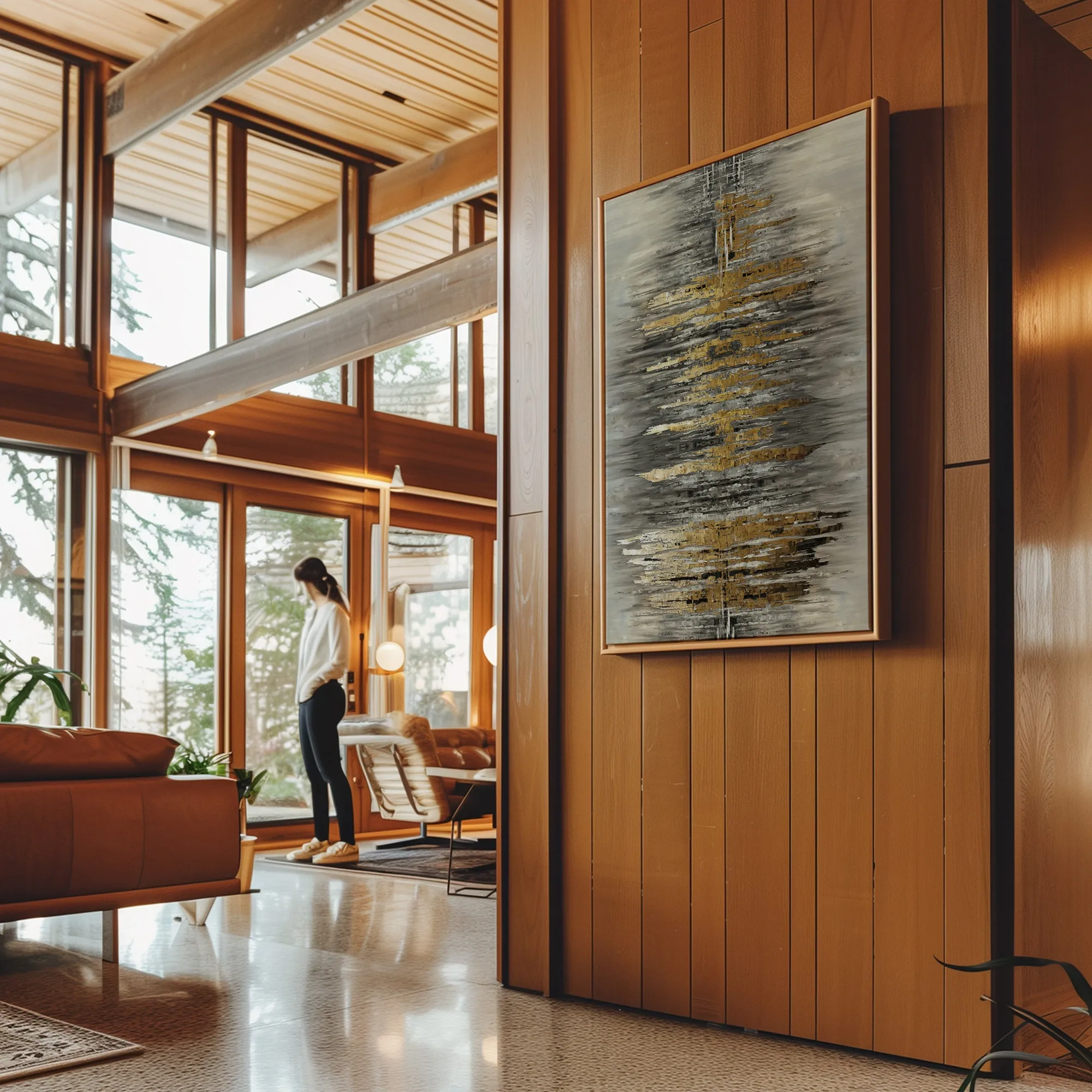 Canvas Wall Art Stretched Over Wooden Frame with Floating Frame and Golden Rays Abstract Painting CV4179