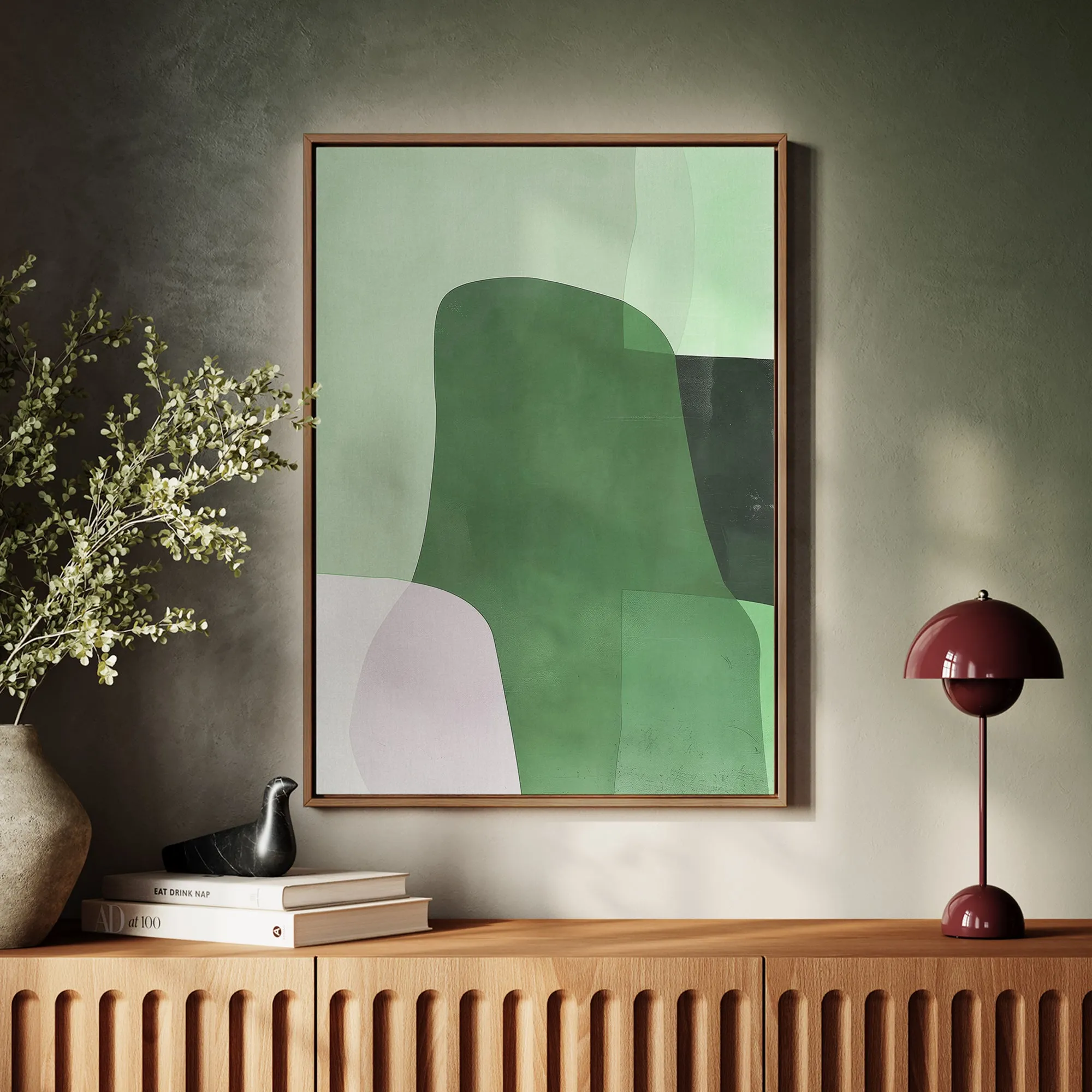 Canvas Wall Art Stretched Over Wooden Frame with Floating Frame and Green Shades Abstract Painting CV4182