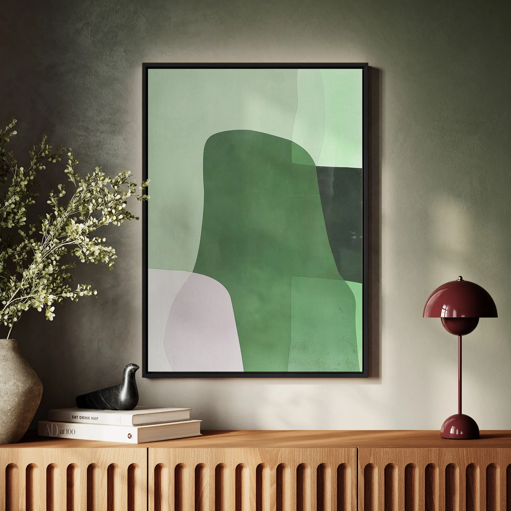 Canvas Wall Art Stretched Over Wooden Frame with Floating Frame and Green Shades Abstract Painting CV4182
