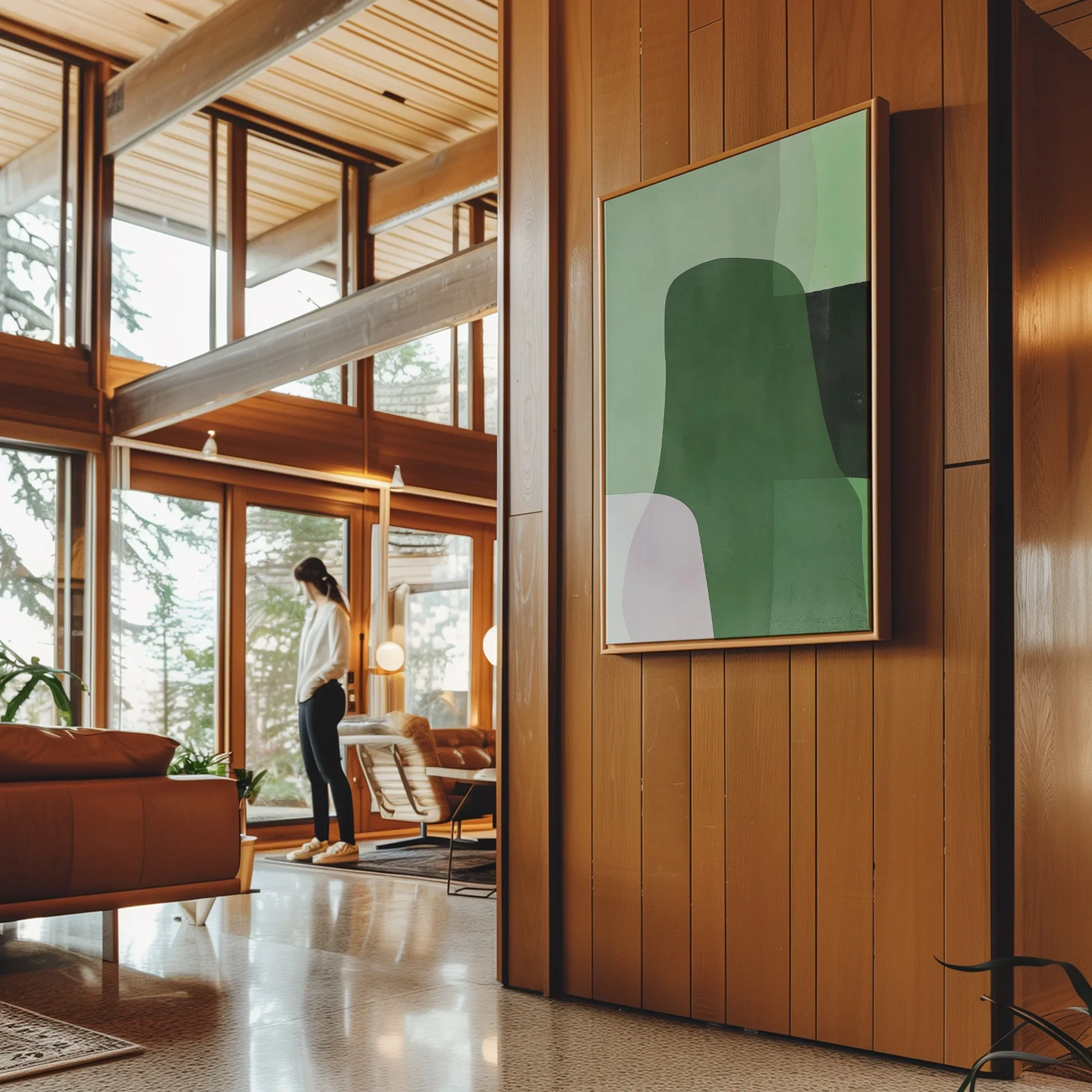 Canvas Wall Art Stretched Over Wooden Frame with Floating Frame and Green Shades Abstract Painting CV4182