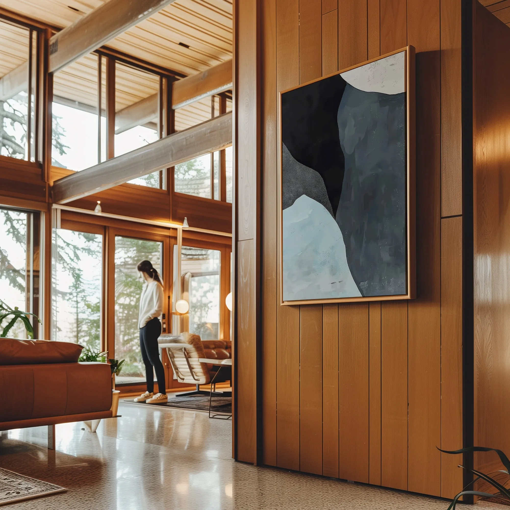 Canvas Wall Art Stretched Over Wooden Frame with Floating Frame and Grey Mountains Abstract Painting CV4183