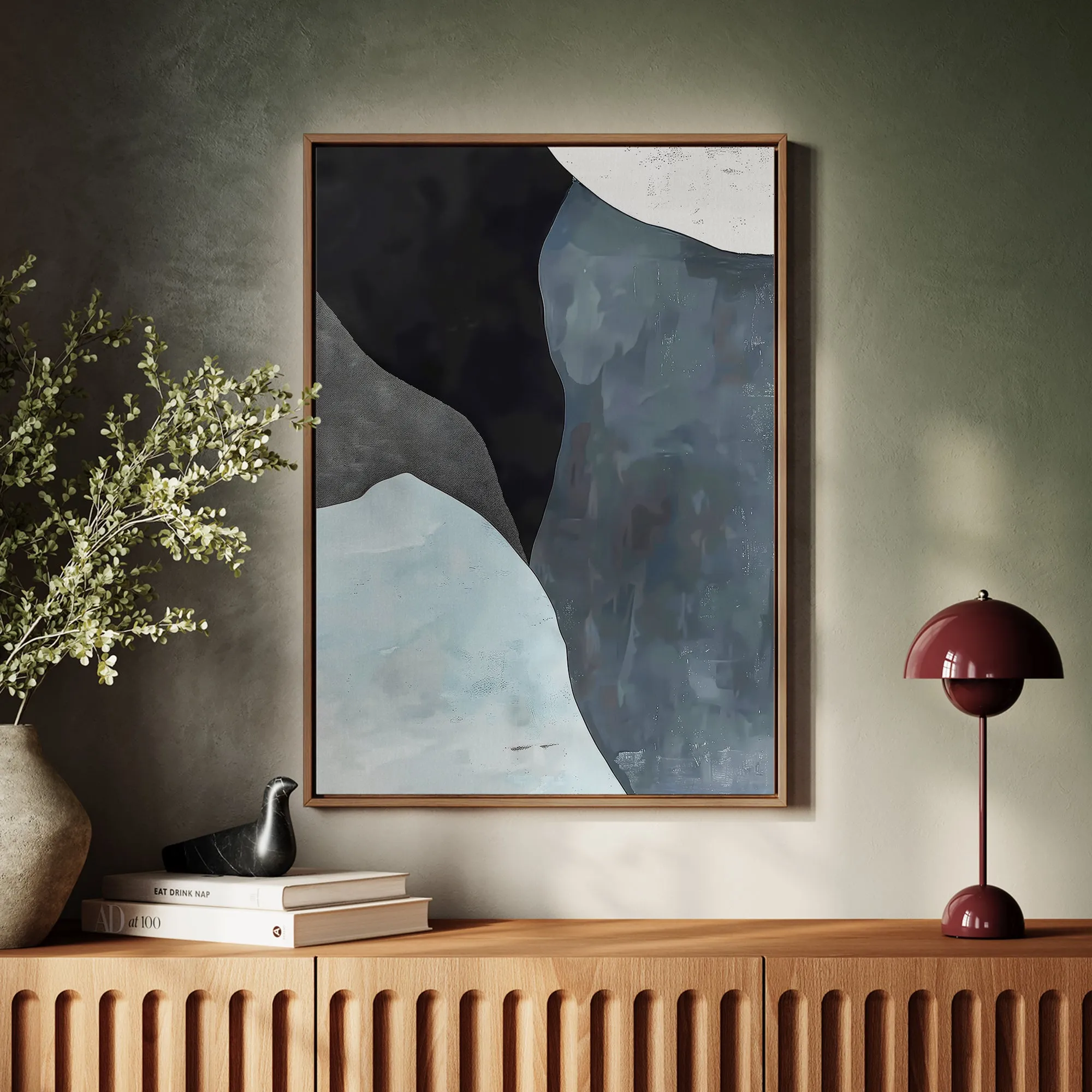 Canvas Wall Art Stretched Over Wooden Frame with Floating Frame and Grey Mountains Abstract Painting CV4183