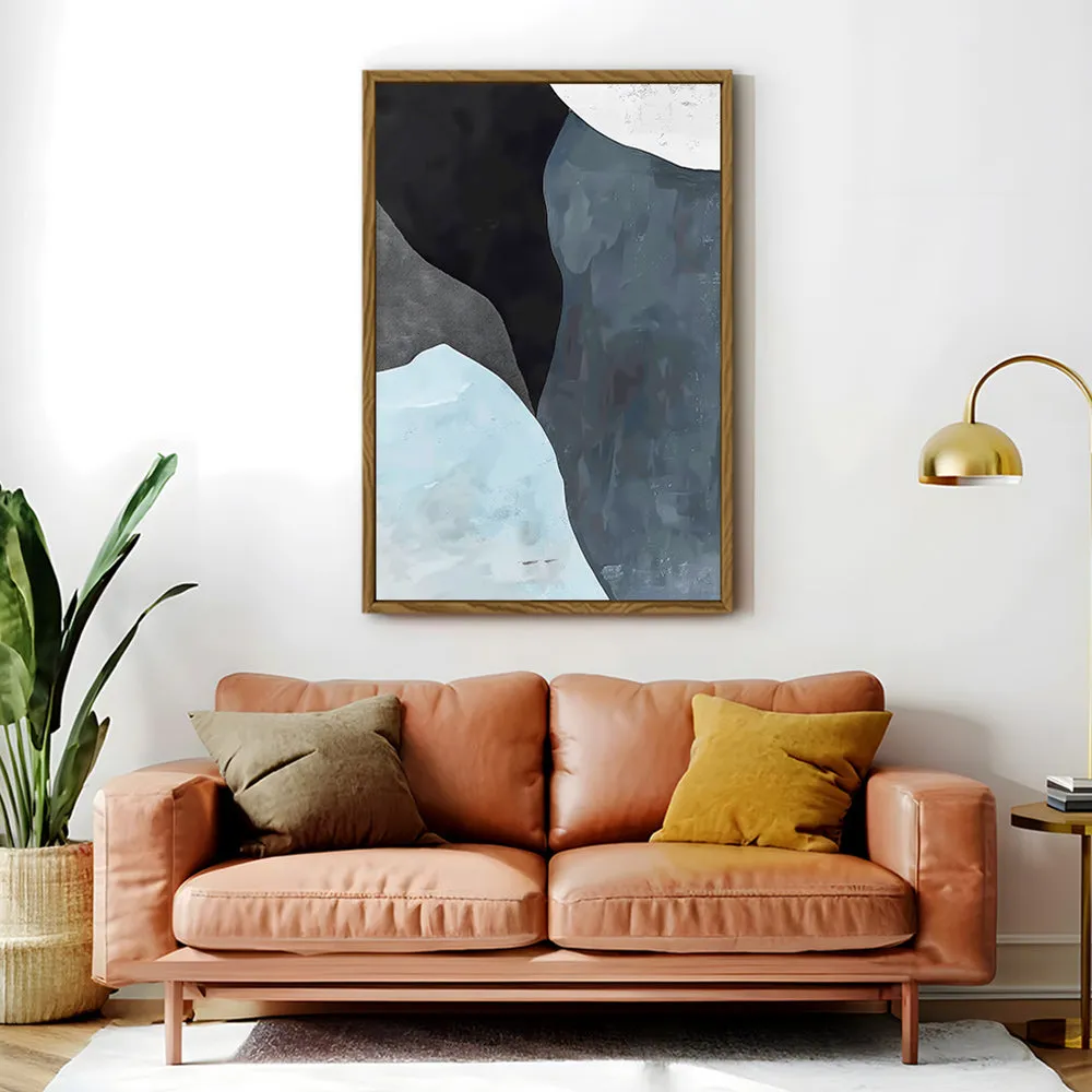 Canvas Wall Art Stretched Over Wooden Frame with Floating Frame and Grey Mountains Abstract Painting CV4183