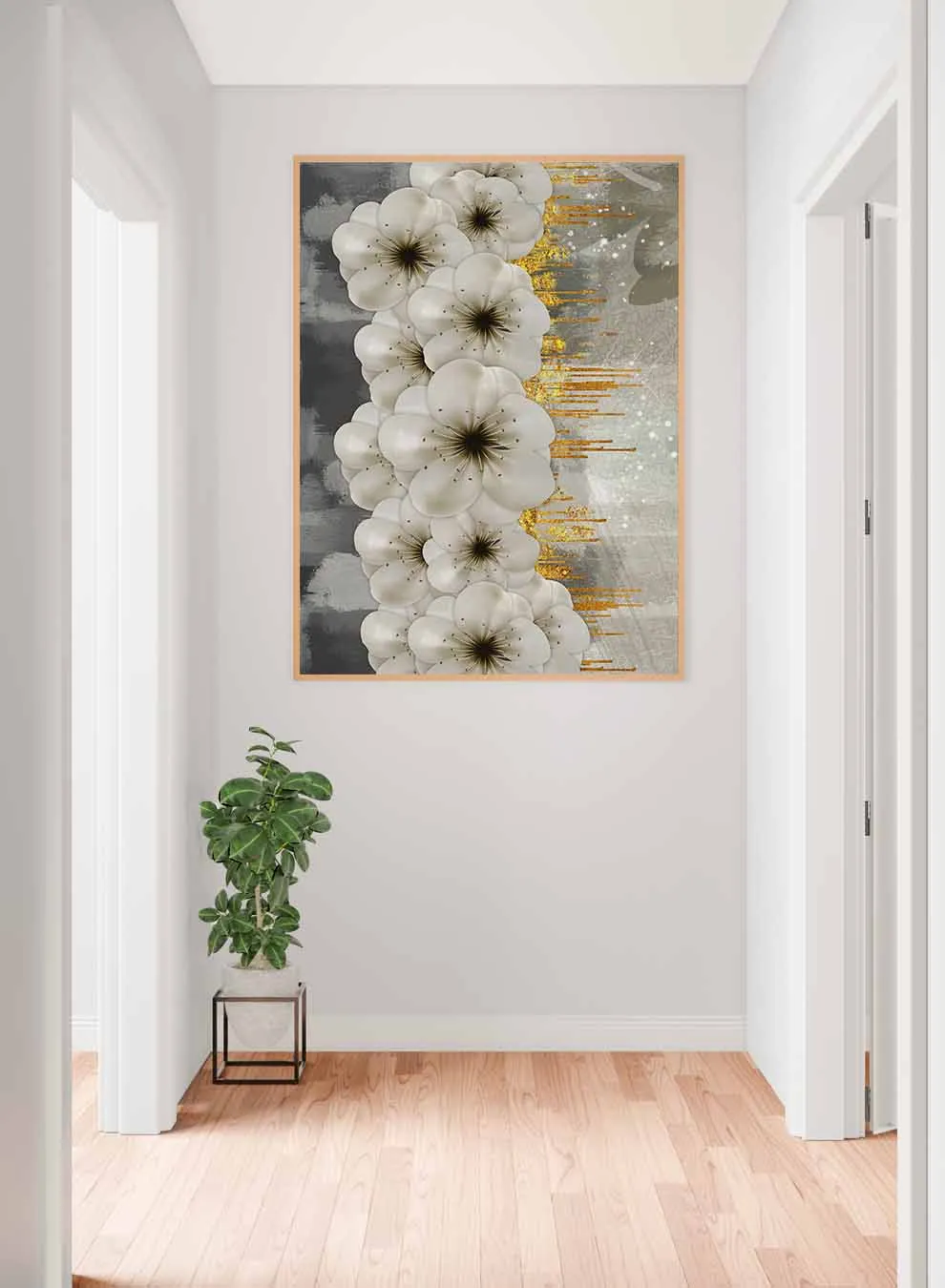 Canvas Wall Art Stretched Over Wooden Frame with Gold Floating Frame