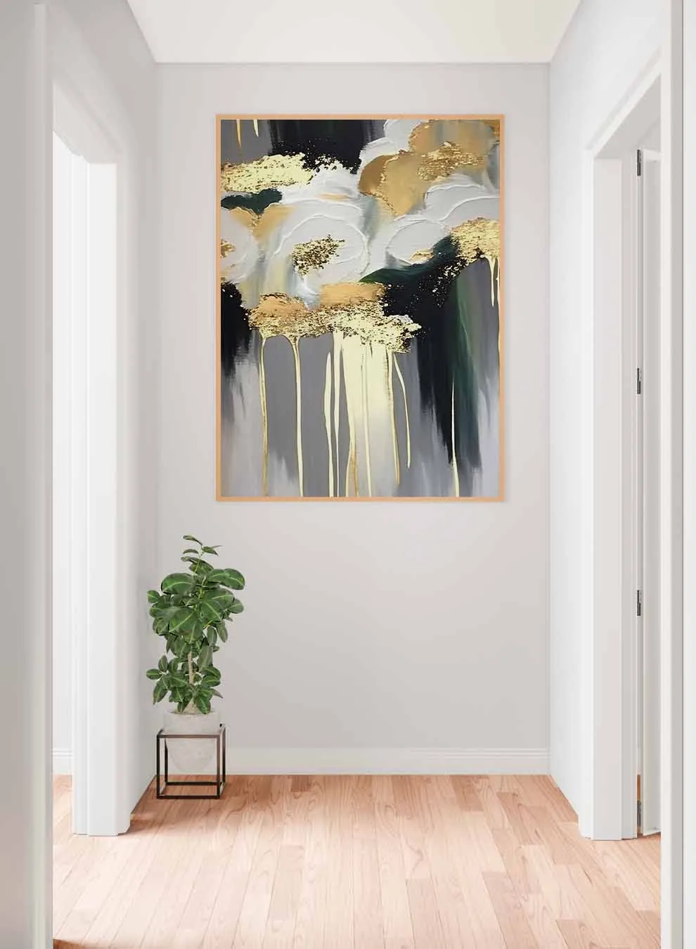 Canvas Wall Art Stretched Over Wooden Frame with Gold Floating Frame