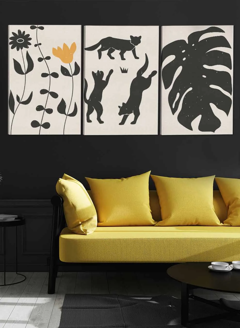 Cats Leaves Flower Abstract Paintings(set of 3)