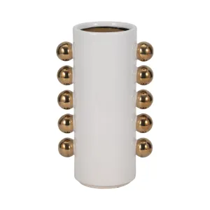 Cer, 10" Vase W/ Side Knobs, White/gold