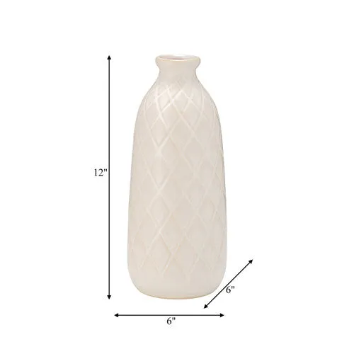 CER, 12" PLAID TEXTURED VASE, BEIGE