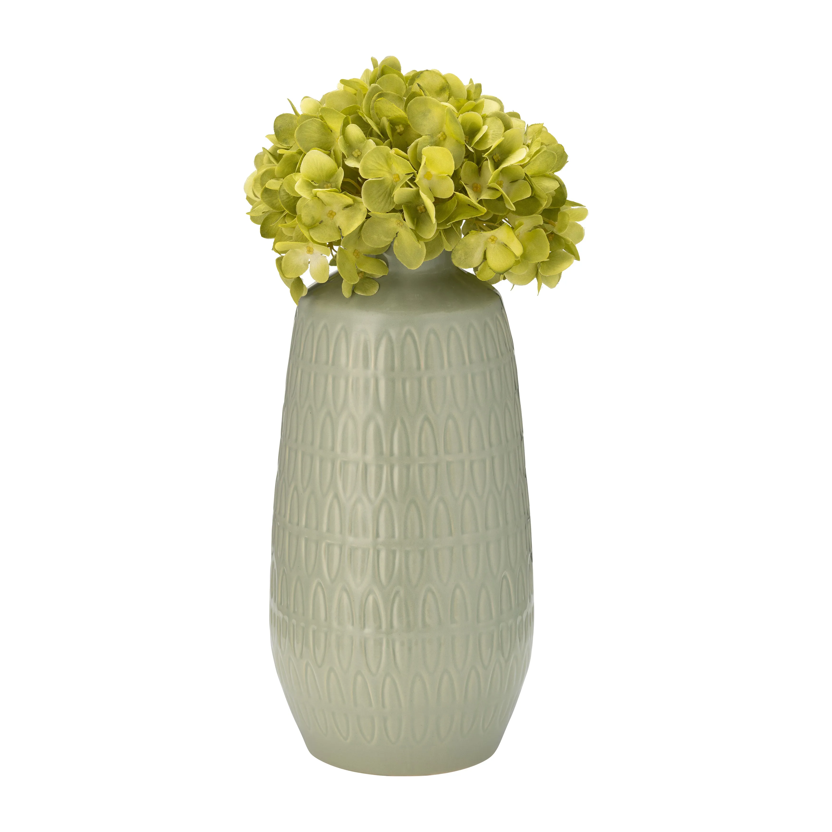 CER, 12"H CARVED VASE, CUCUMBER