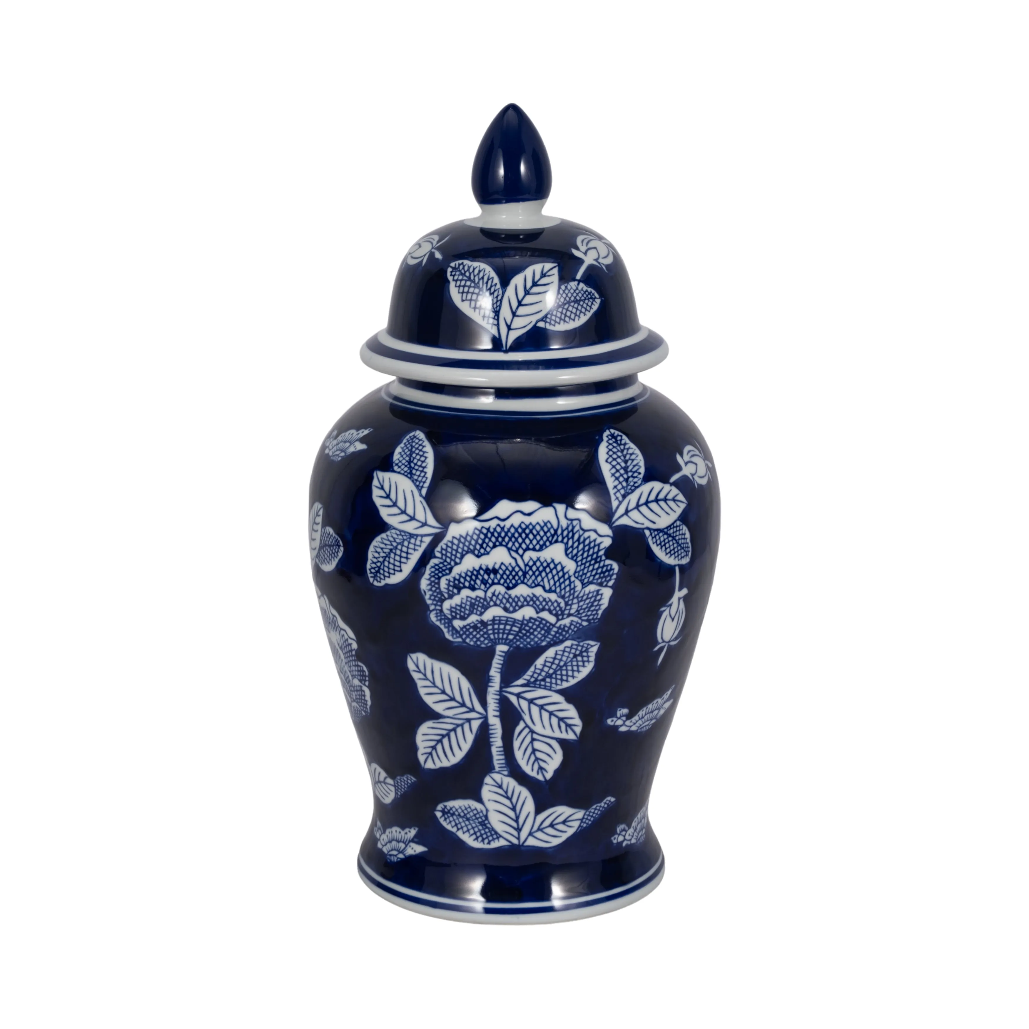 CER, 14"H FLORALTEMPLE JAR, WHT/BLU