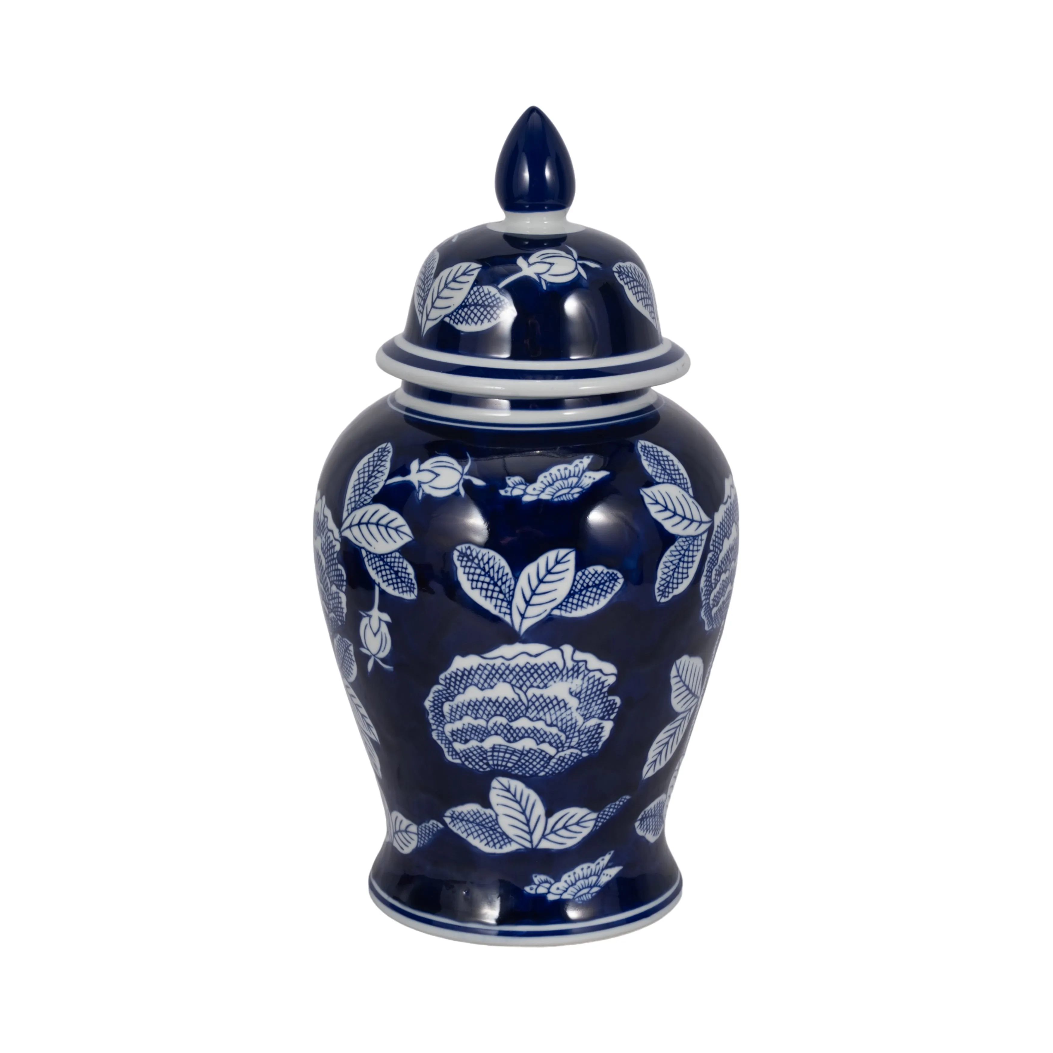 CER, 14"H FLORALTEMPLE JAR, WHT/BLU