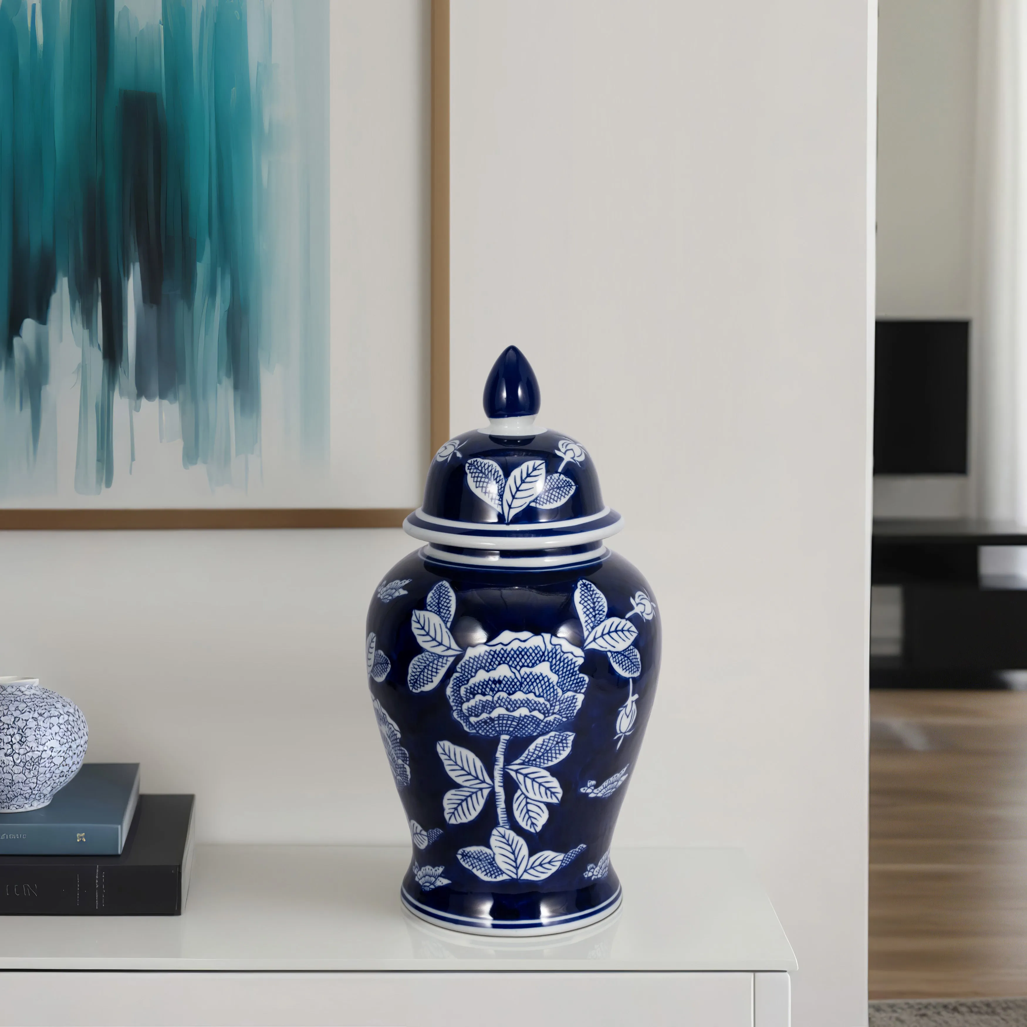 CER, 14"H FLORALTEMPLE JAR, WHT/BLU