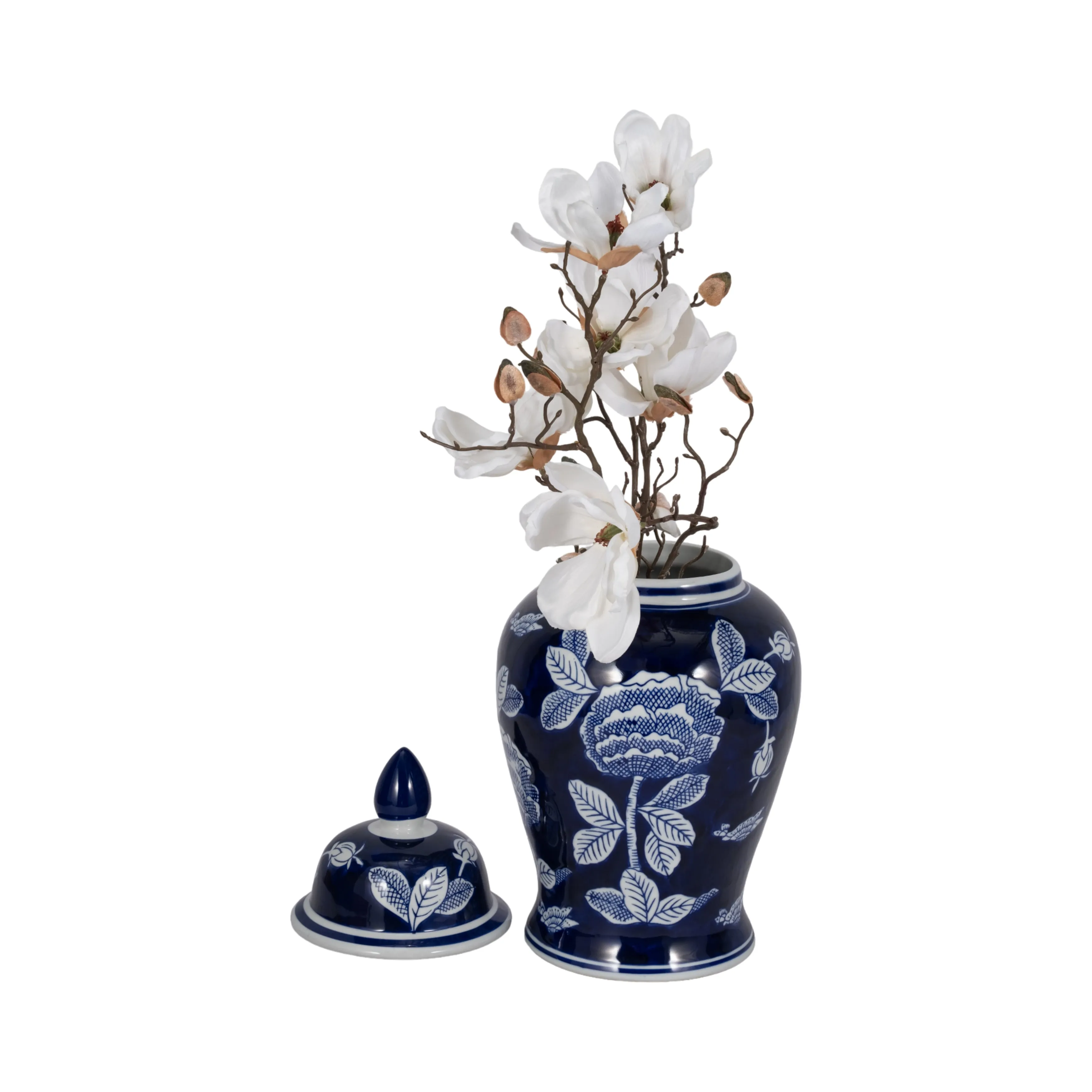 CER, 14"H FLORALTEMPLE JAR, WHT/BLU