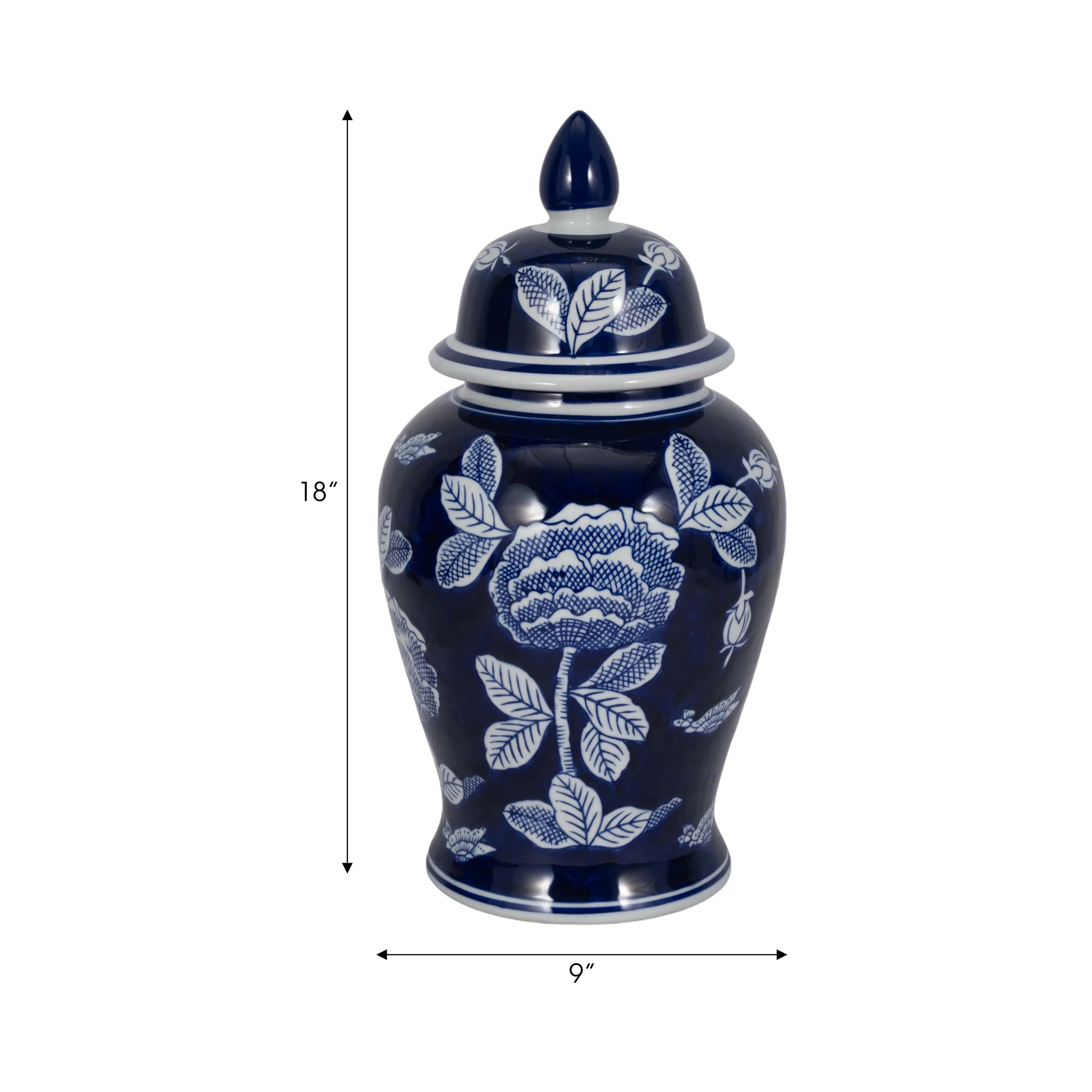 CER, 14"H FLORALTEMPLE JAR, WHT/BLU